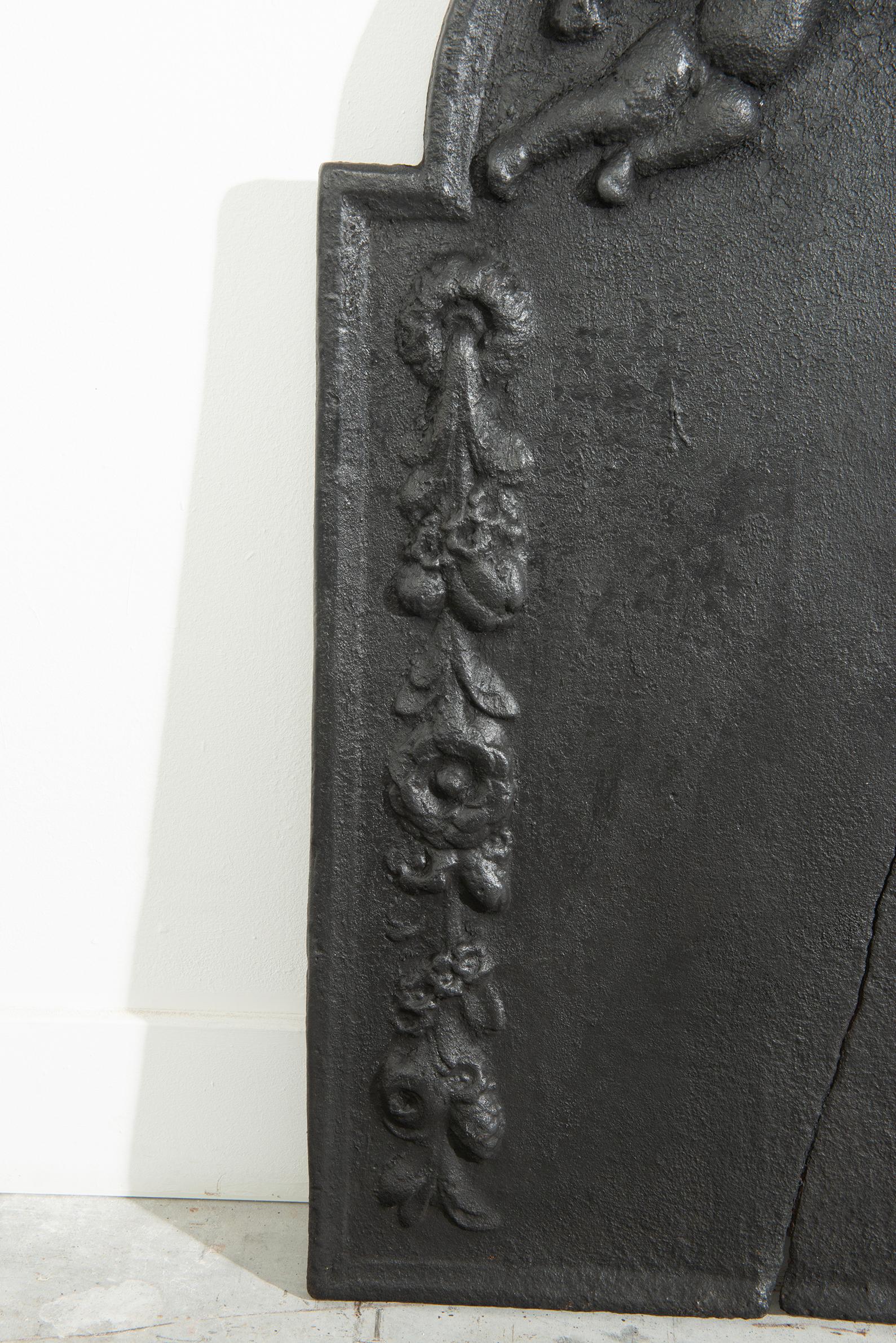 19th Century Antique Cast Iron Fireback with Angels / Putti – Exquisite Fireplace Deco For Sale