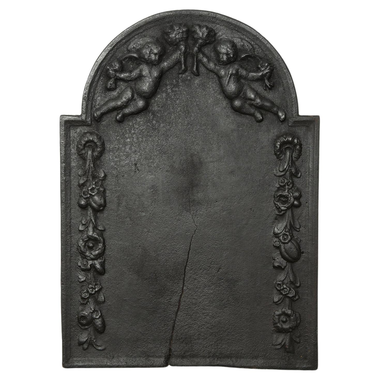 Antique Cast Iron Fireback with Angels / Putti – Exquisite Fireplace Deco For Sale
