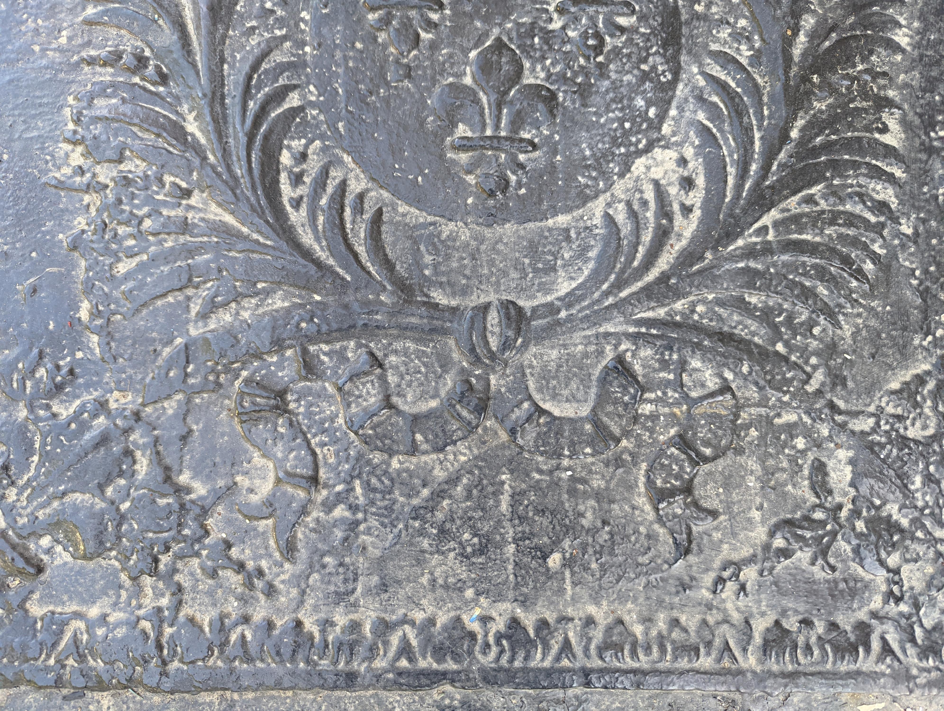XVIIIe siècle et antérieur Plaque de cheminée ancienne en fonte avec les armoiries françaises 18ème siècle en vente