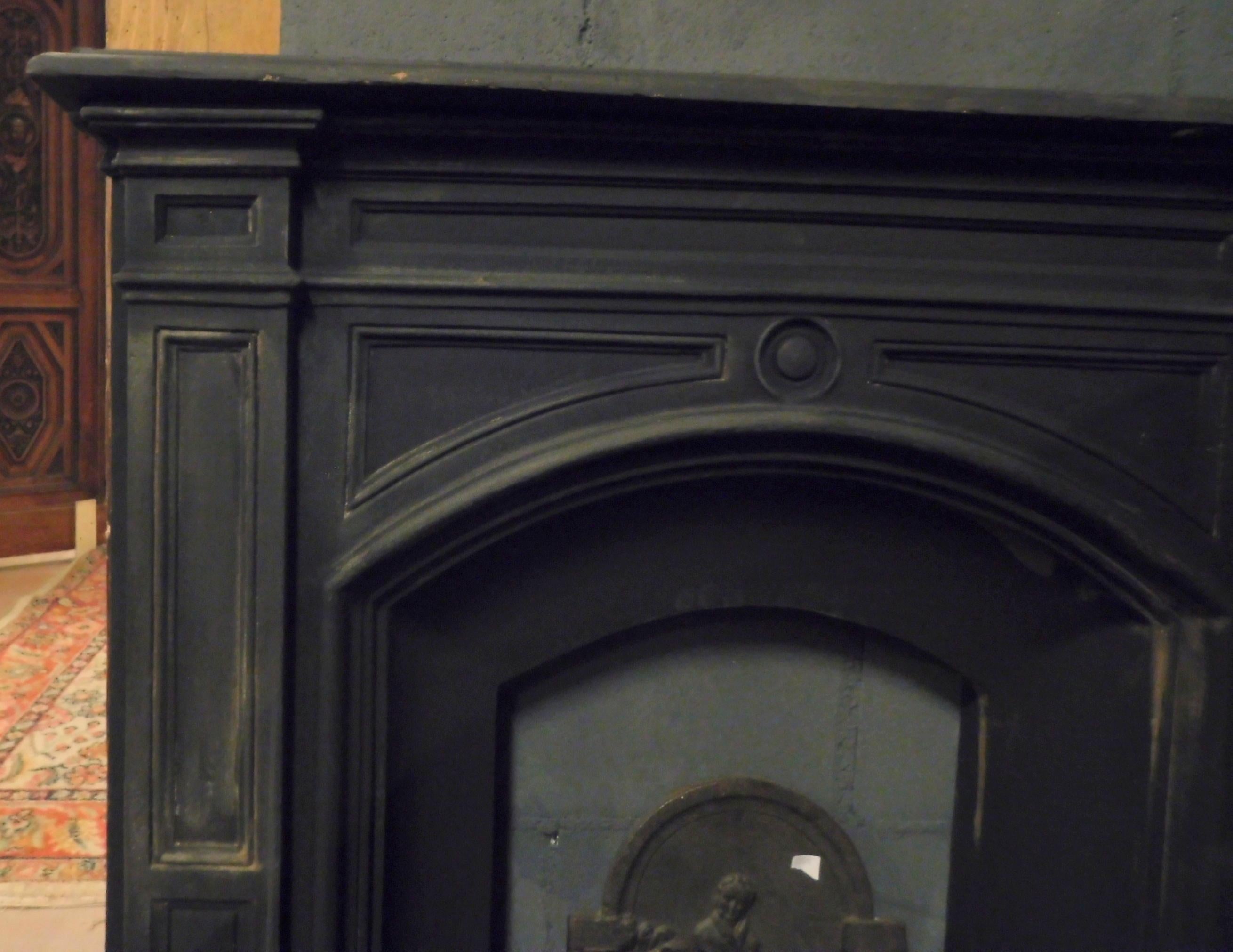 Antique Cast Iron Fireplace Mantle, Black Iron & Wood, Late 19th Century England 2