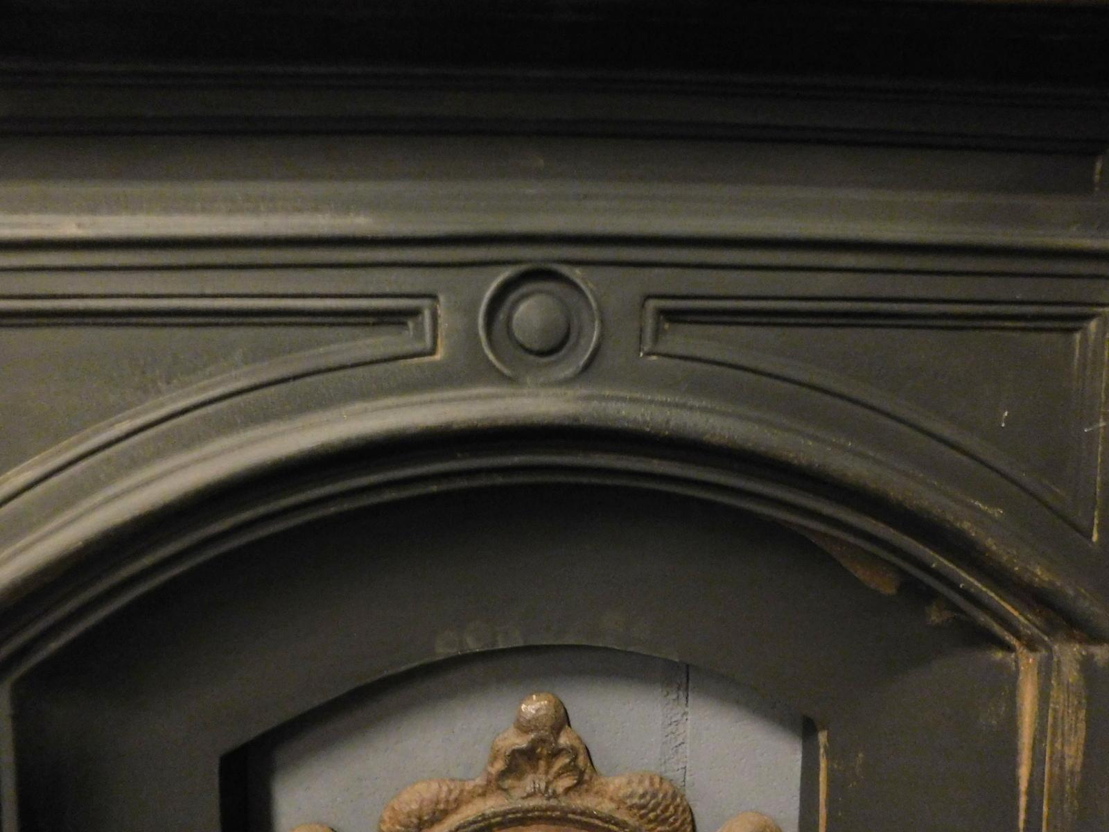 Antique Cast Iron Fireplace Mantle, Black Iron & Wood, Late 19th Century England 3