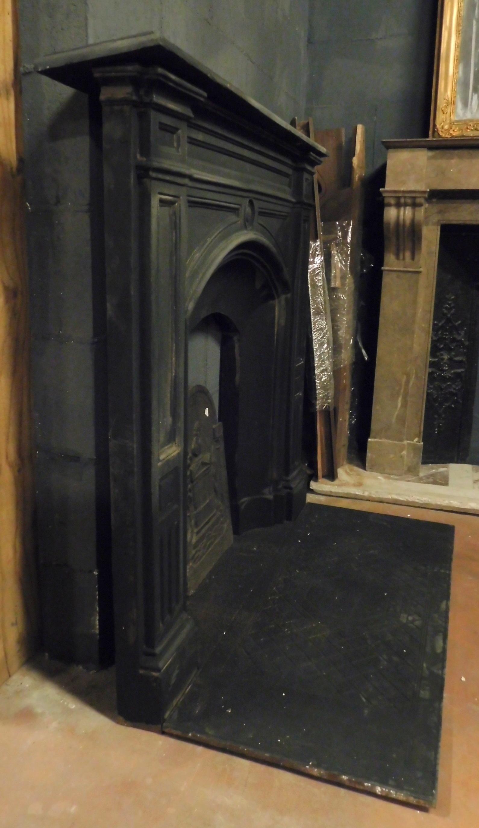 Antique Cast Iron Fireplace Mantle, Black Iron & Wood, Late 19th Century England 4