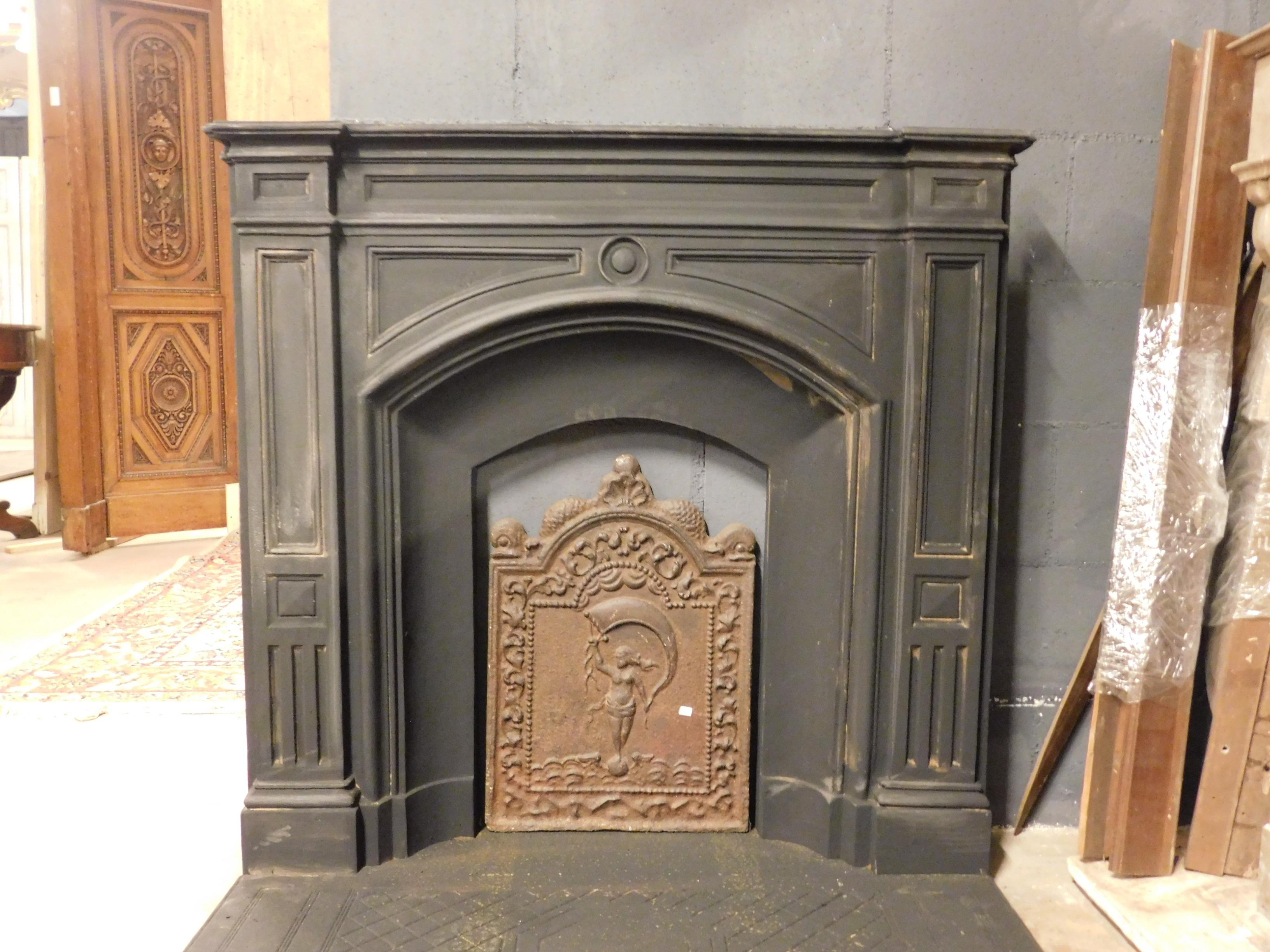 Ironstone Antique Cast Iron Fireplace Mantle, Black Iron & Wood, Late 19th Century England