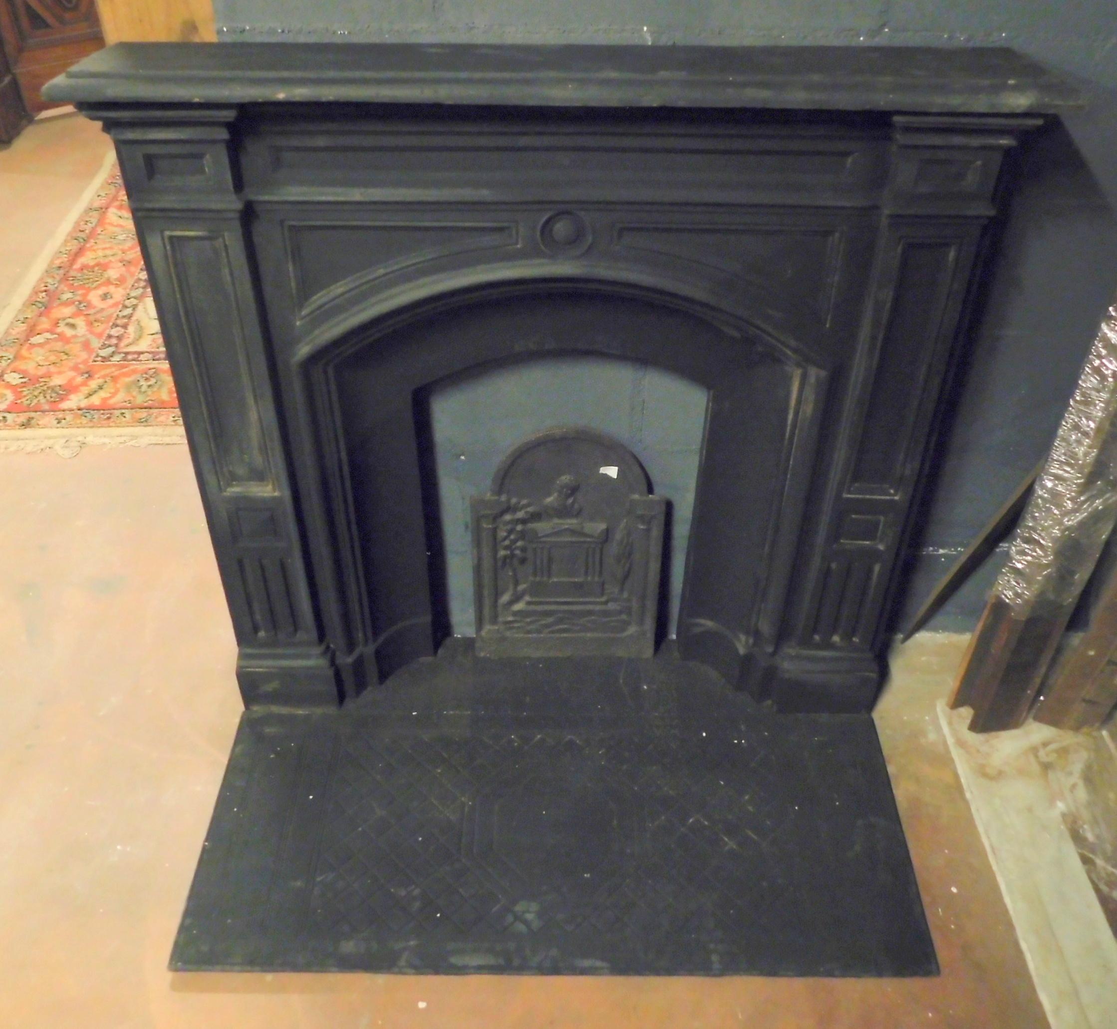 Antique Cast Iron Fireplace Mantle, Black Iron & Wood, Late 19th Century England 1