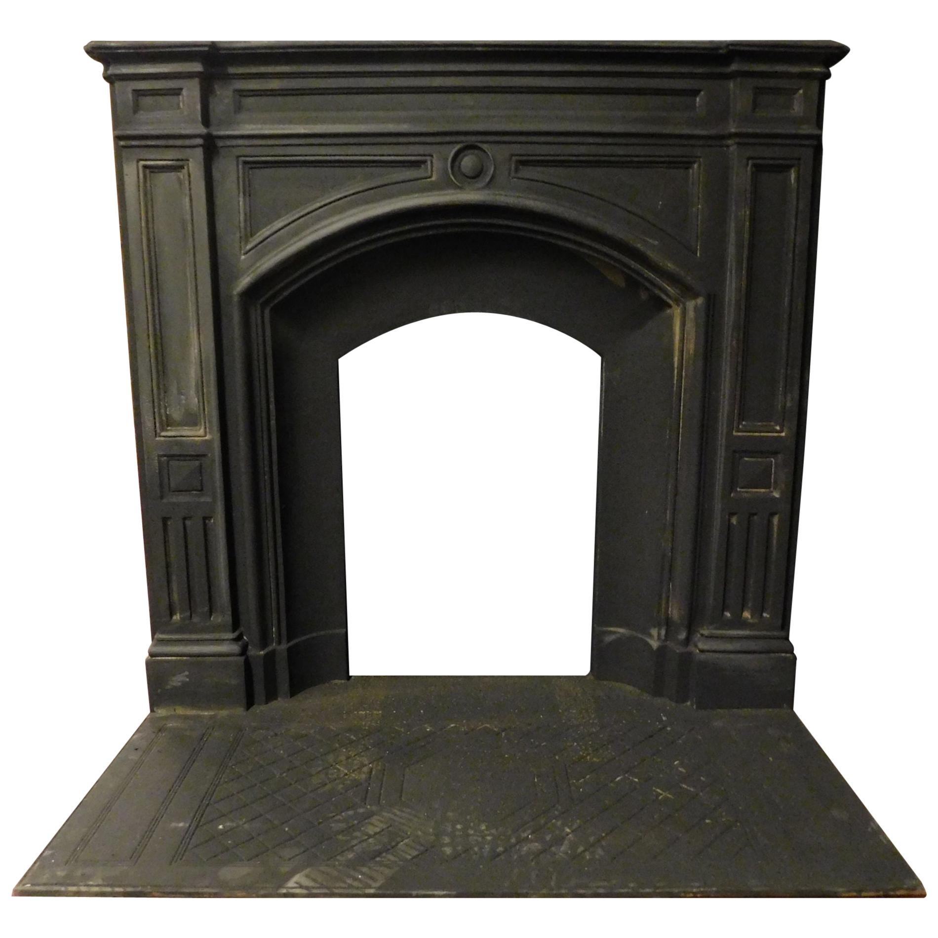 Antique Cast Iron Fireplace Mantle, Black Iron & Wood, Late 19th Century England