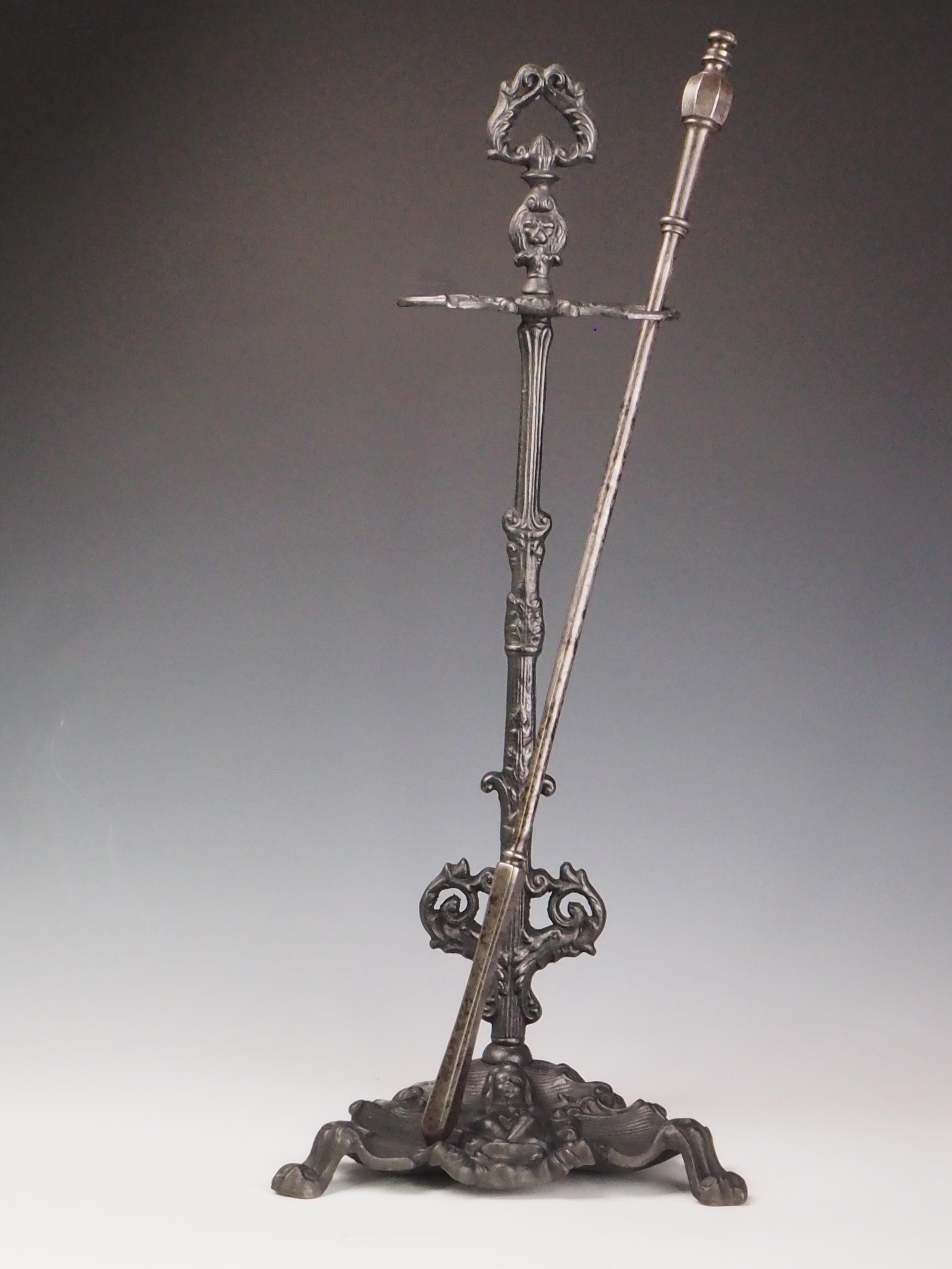 Antique Cast Iron Fireside Tool Stand  Cherub Design For Sale 3