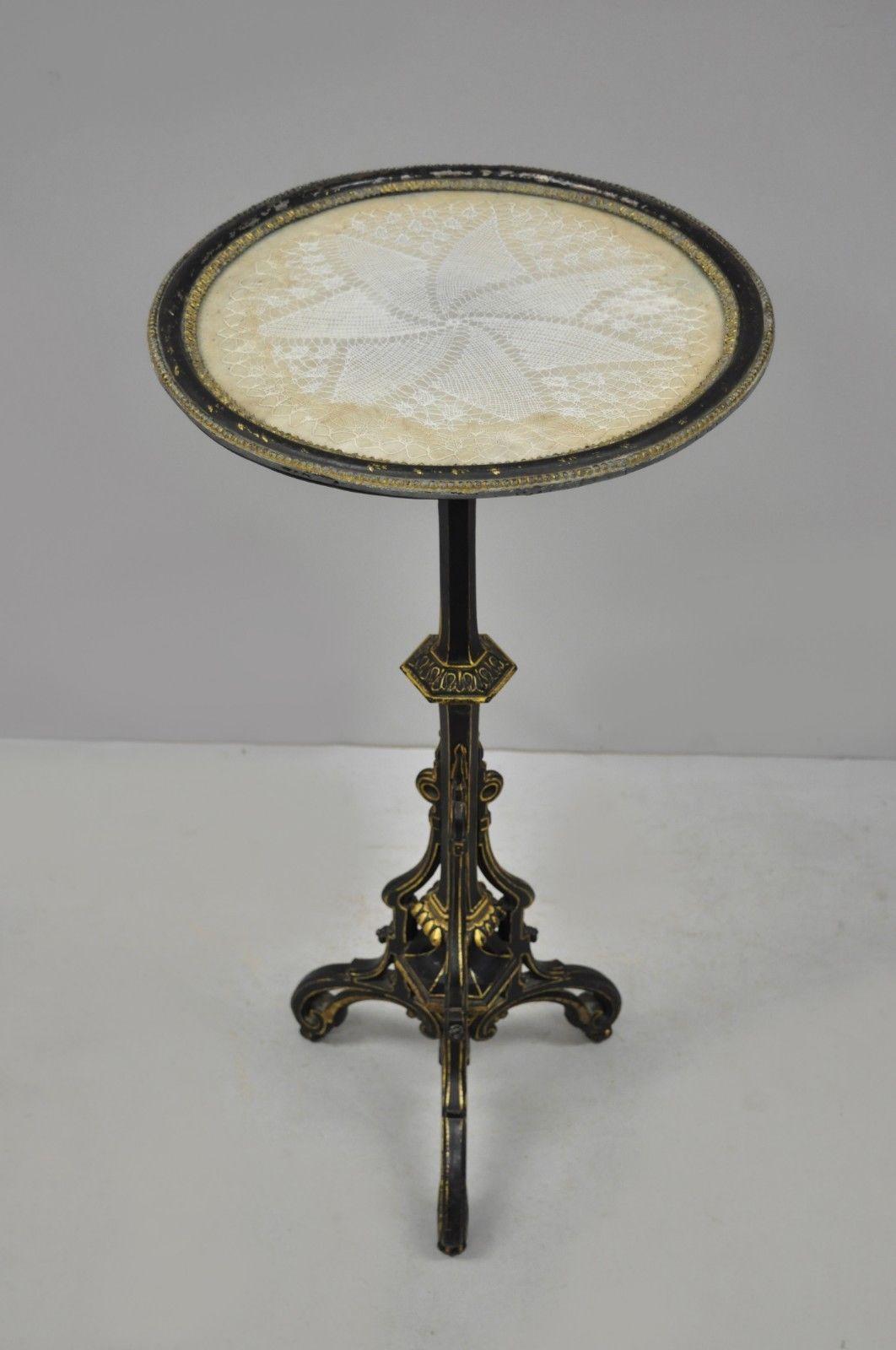 Antique Cast Iron French Victorian Pedestal Fern Stand Table with Lace Doily Top 3