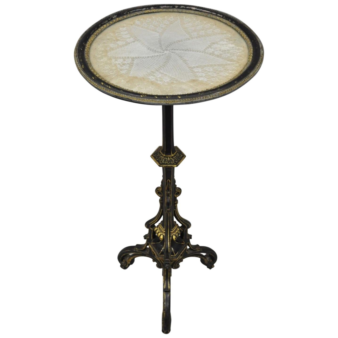 Antique Cast Iron French Victorian Pedestal Fern Stand Table with Lace Doily Top