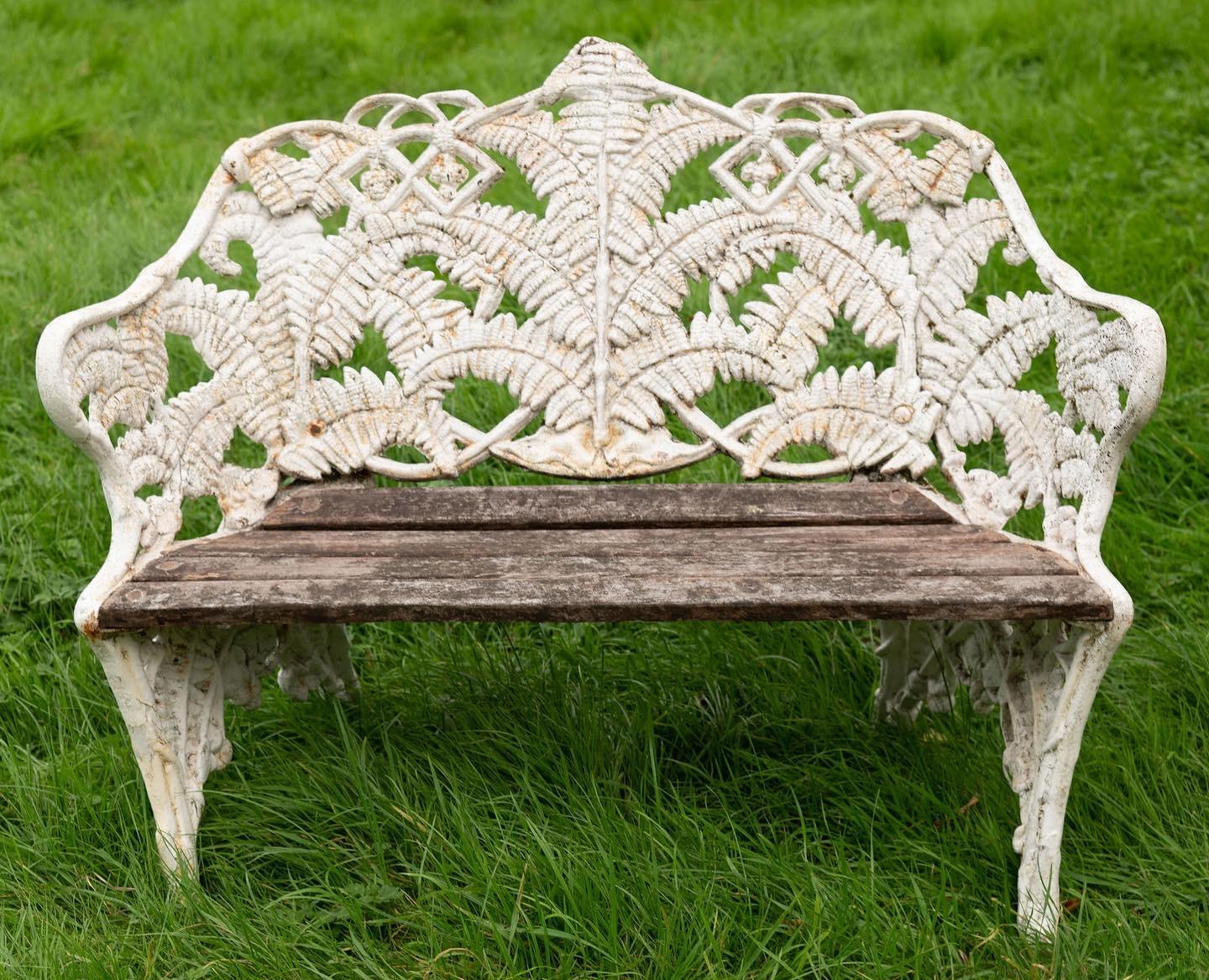 Antique cast iron Fern English bench, the detail is still so clear even after layers of historical weathered paint over the years, it is exceptionally heavy and of such good quality that I believed it to be Coalbrookdale, due to the many layers of
