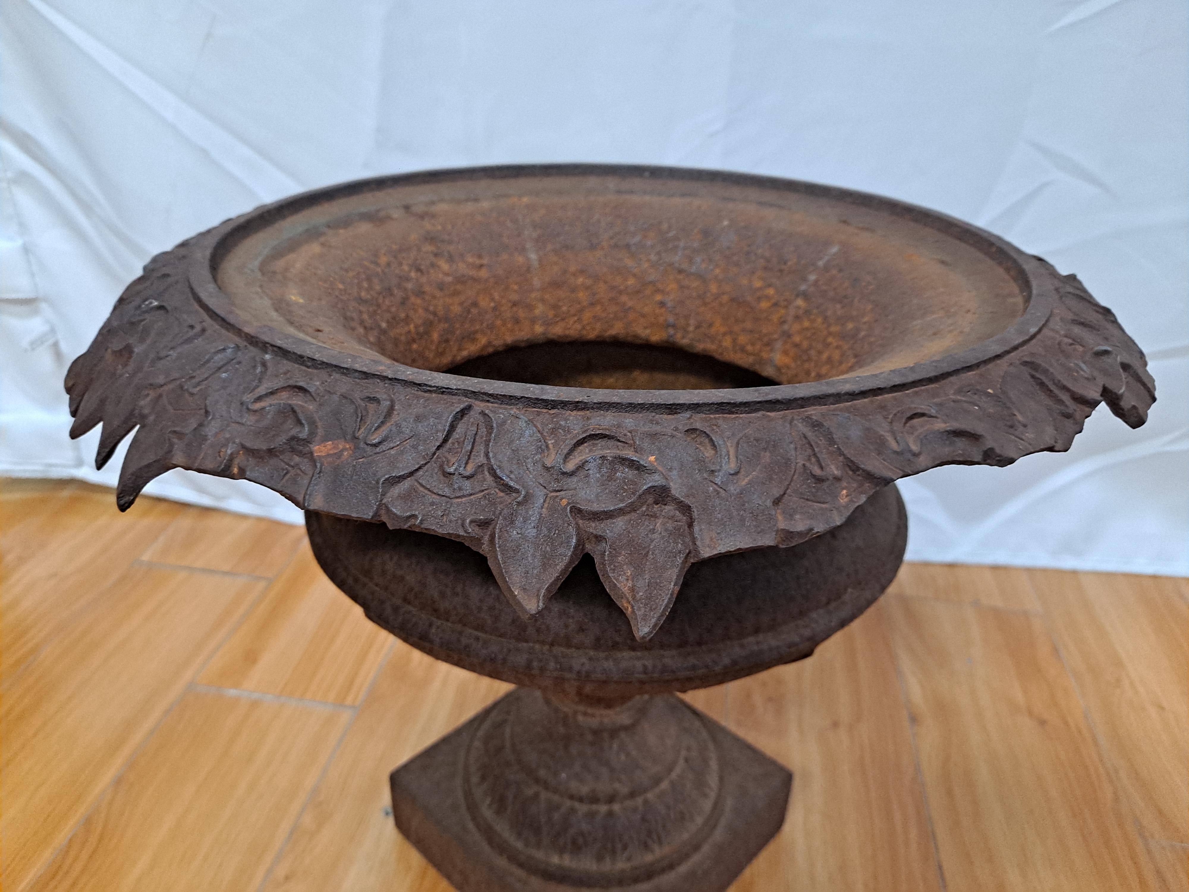 Antique Cast Iron Garden Urn In Distressed Condition For Sale In San Francisco, CA