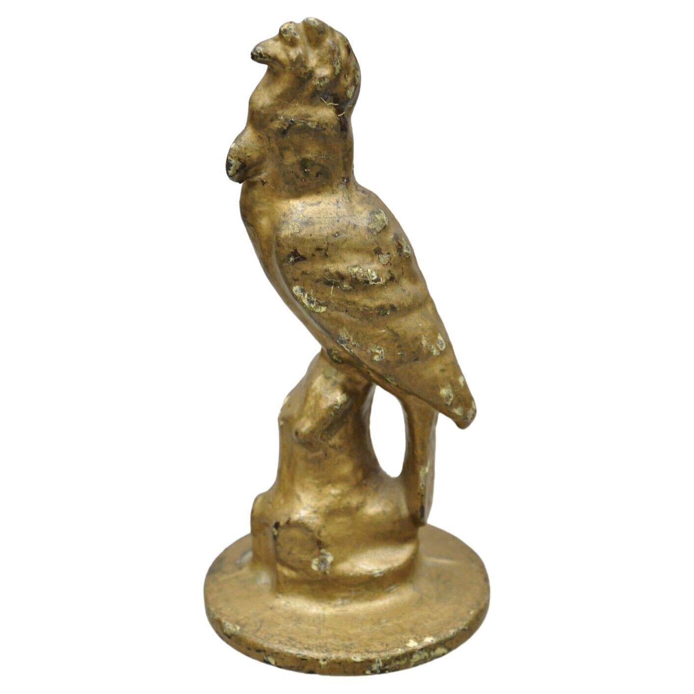 Antique Cast Iron Gold Painted 7" Cockatoo Parrot Figurine Bookend Doorstop