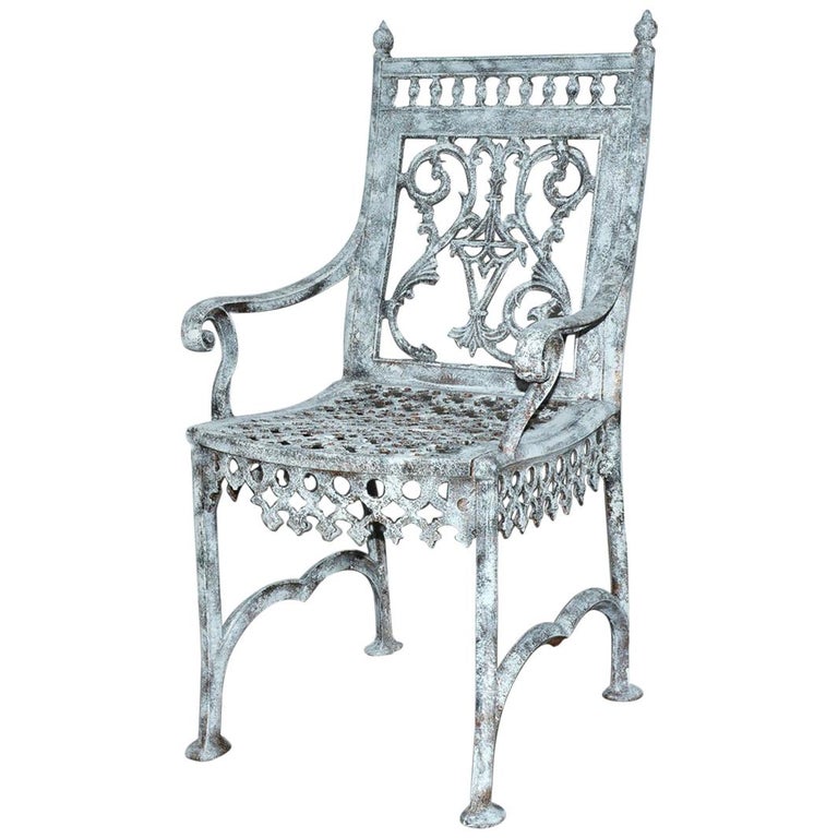 Antique Cast Iron Gothic Garden Chair, Old Wrought Iron Patio Chairs