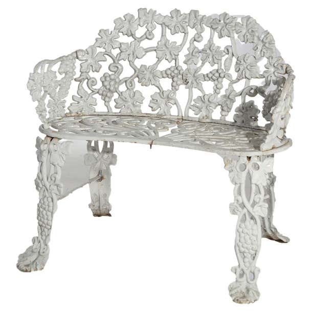 Antique Cast Iron Grape and Leaf Garden Bench, Painted White, Circa