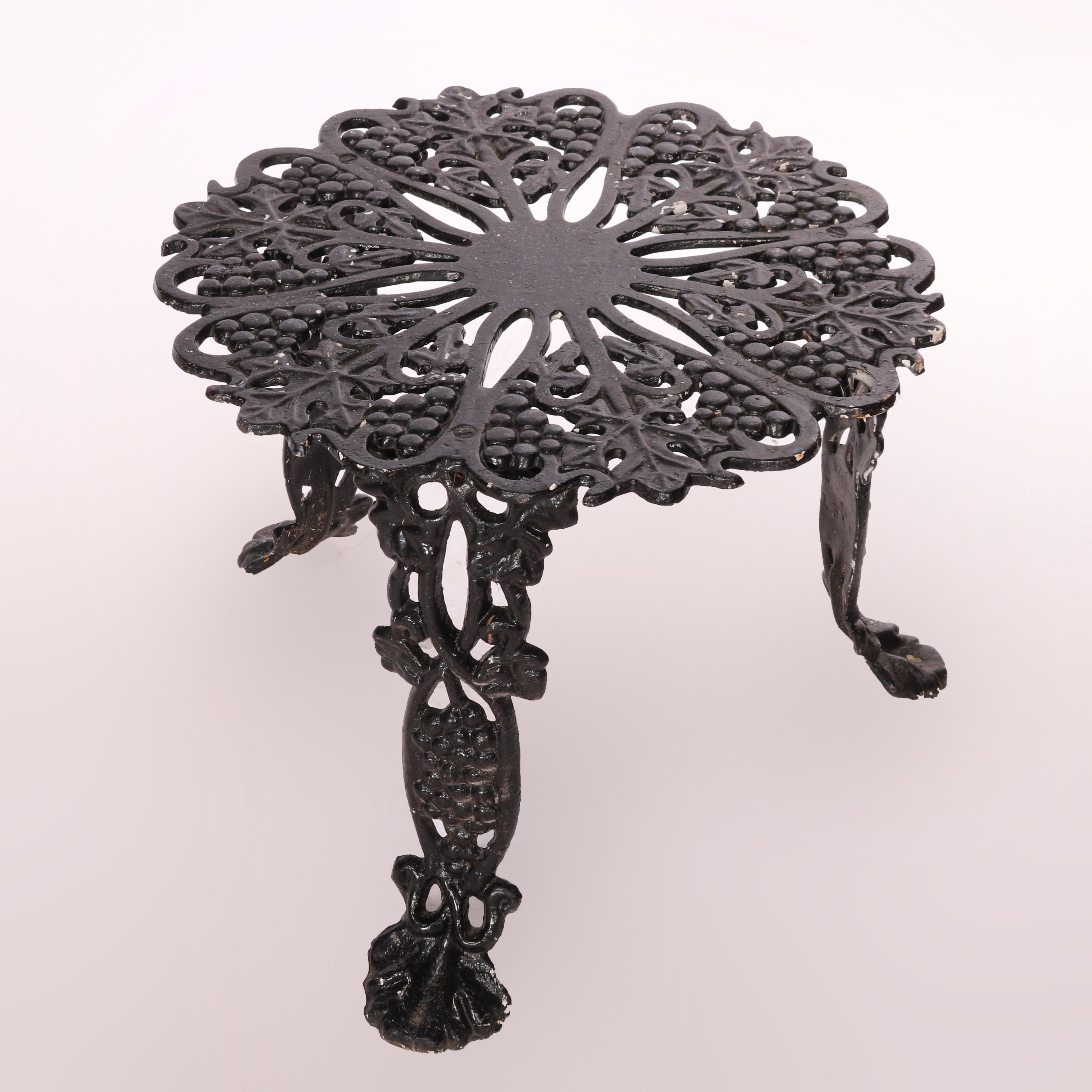 Antique Cast Iron Grape & Leaf Garden Set, Bench, Two Chairs & Side Table c1930 9