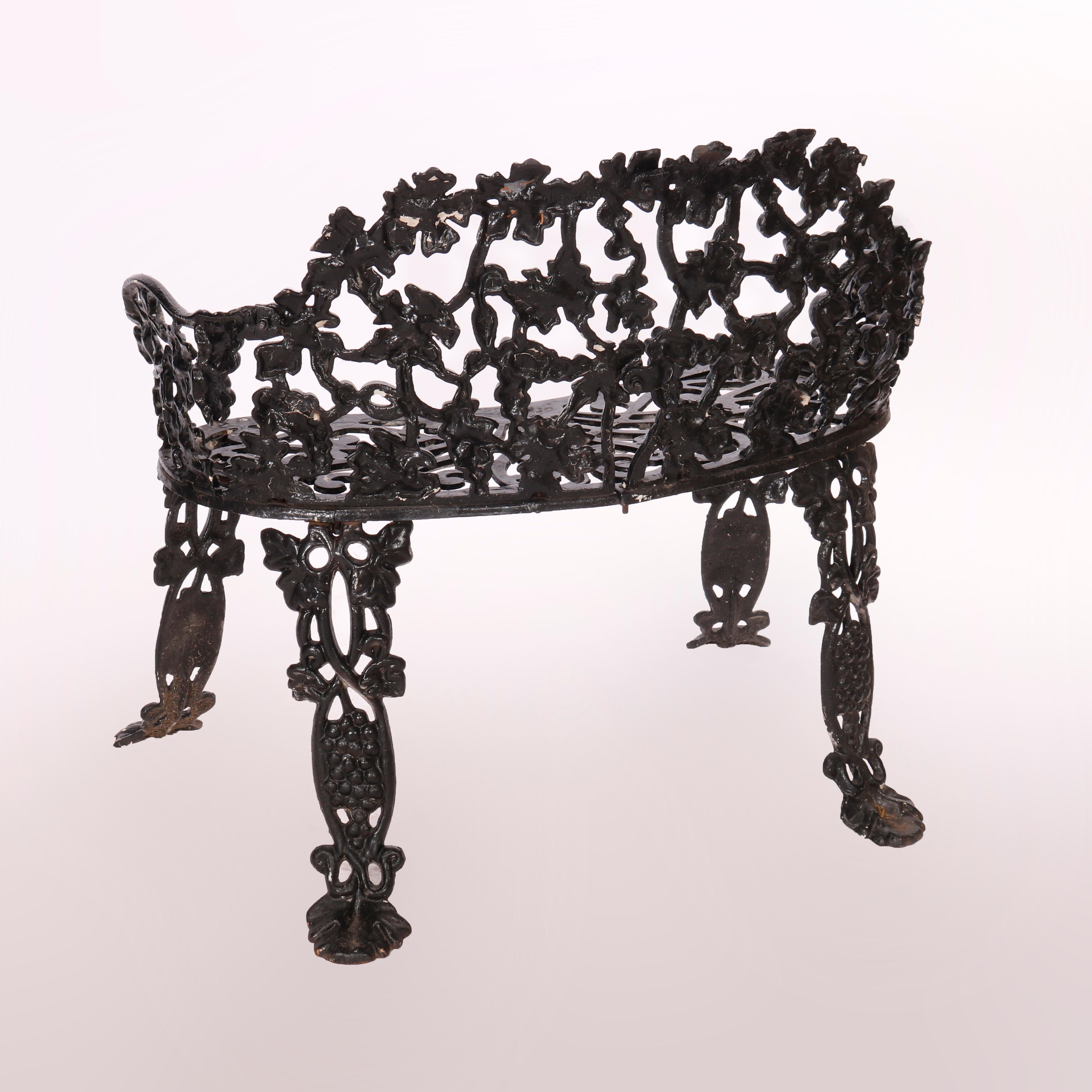 20th Century Antique Cast Iron Grape & Leaf Garden Set, Bench, Two Chairs & Side Table c1930
