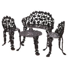 Antique Cast Iron Grape & Leaf Garden Set, Bench, Two Chairs & Side Table c1930