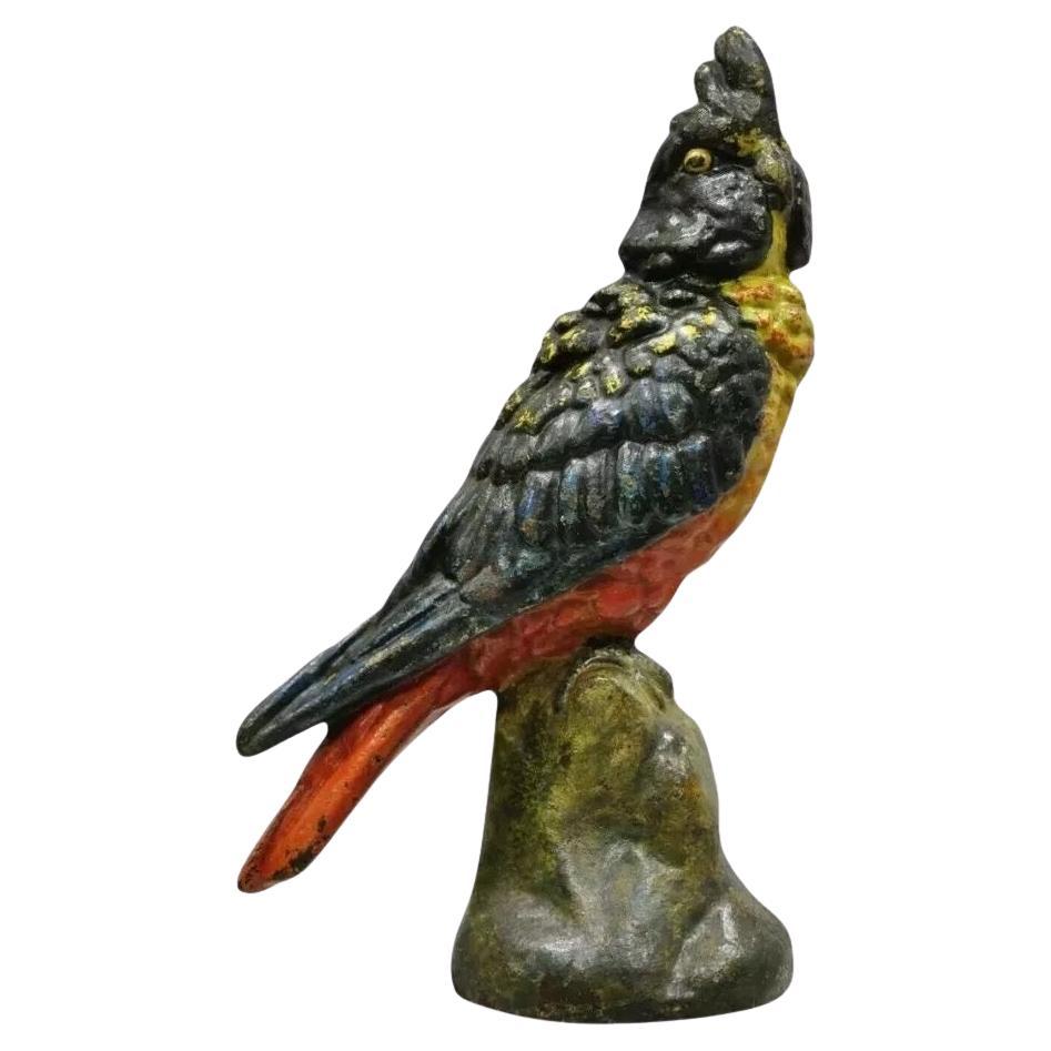 Antico fermalibri in ghisa dipinto a mano da 12" con figura di pappagallo cacatua