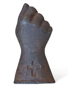 Antique Cast Iron Hand Shaped Clock Weight With Cross