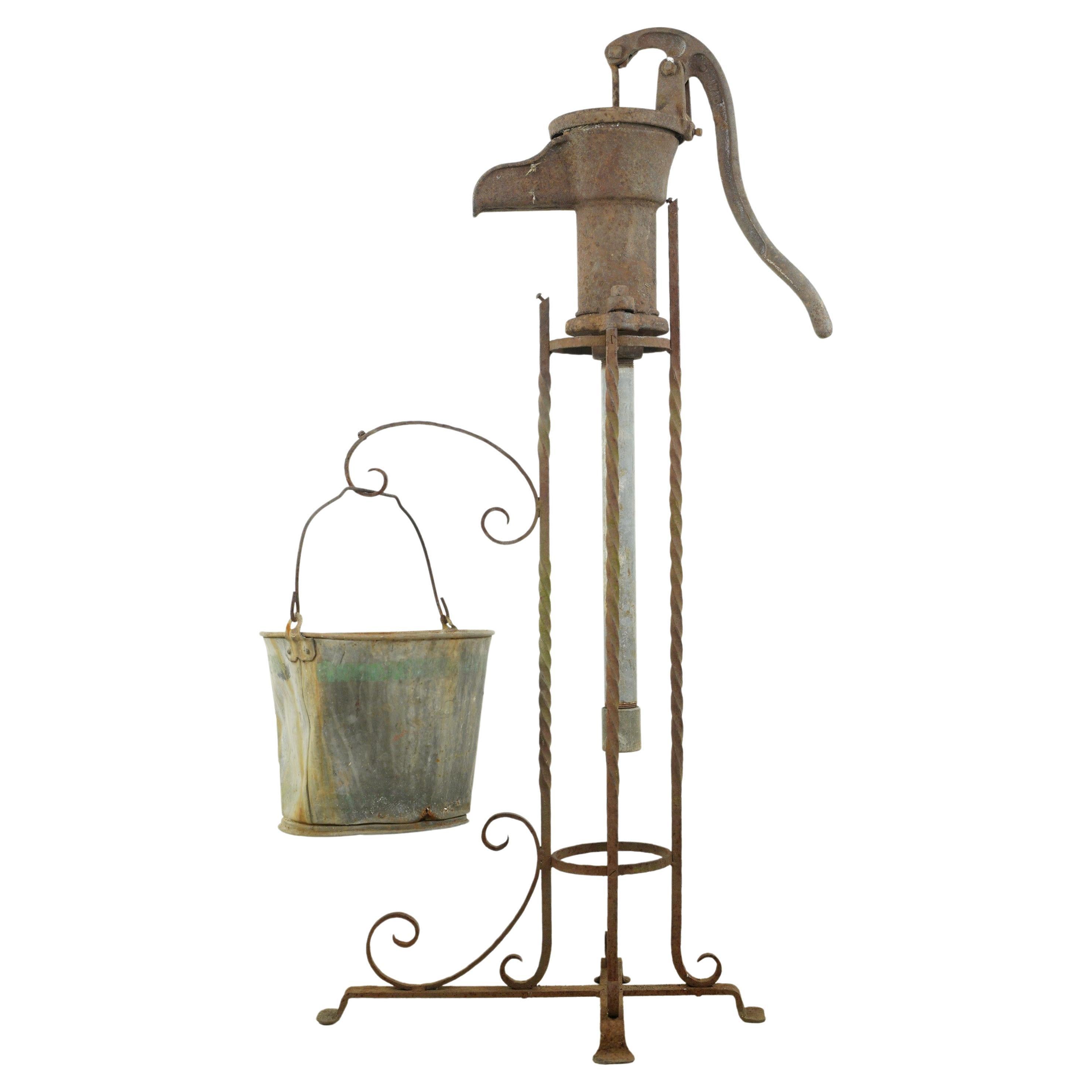 Antique Cast Iron Hand Water Pump with Steel Bucket For Sale at 1stDibs