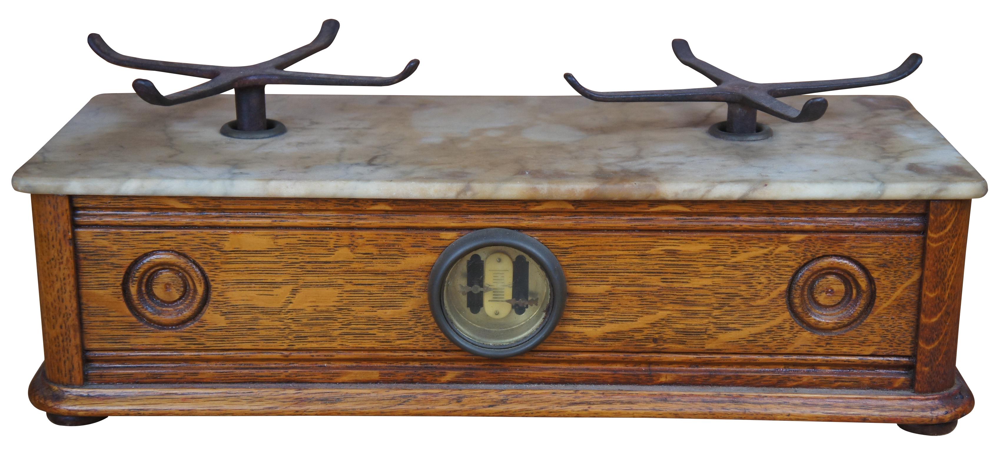 Antique cast iron and marble scale or balance by Henry Troemner. Made from oak with a marble top.  Measure: 18