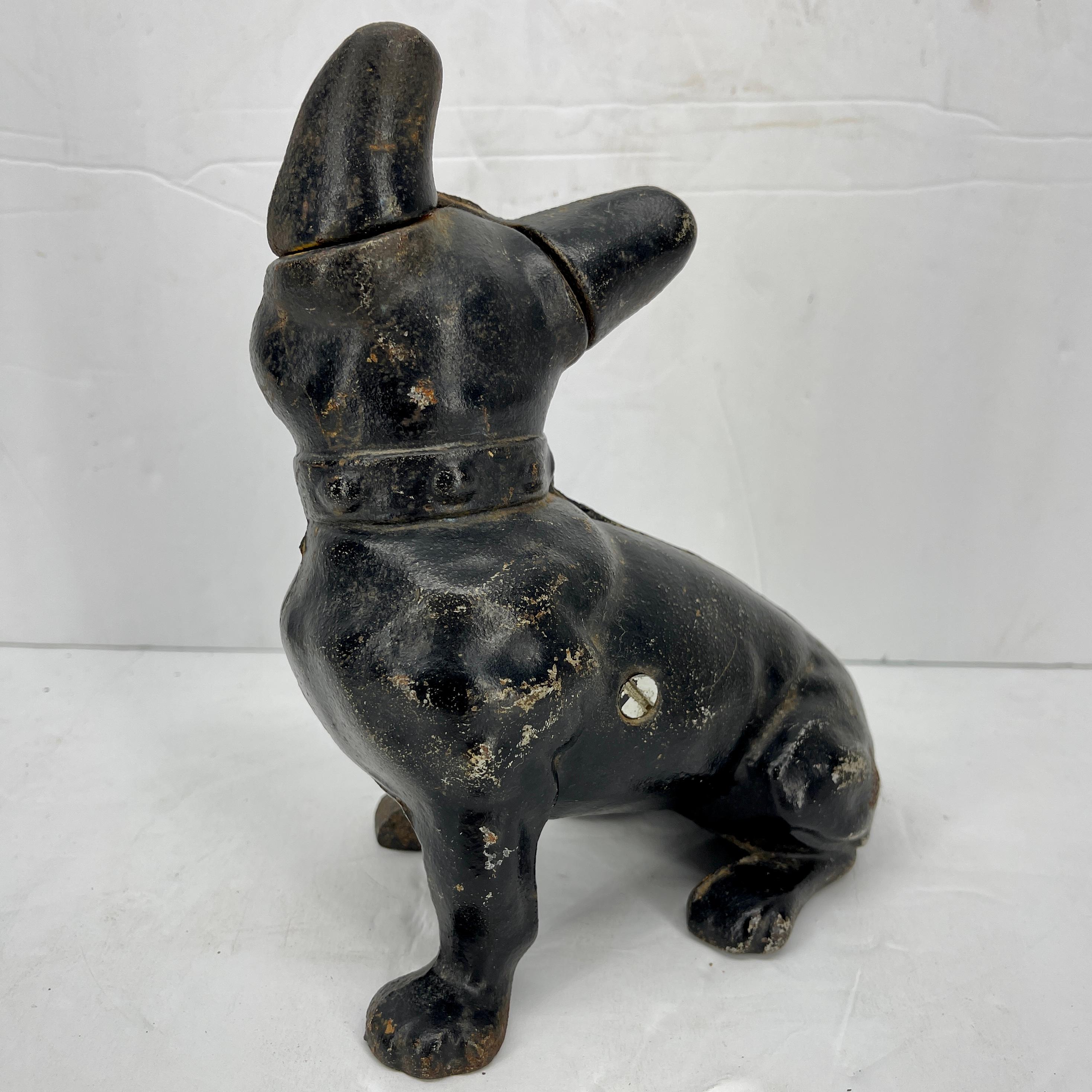 Early Black Cast Iron French Bulldog Statue Money Bank 1