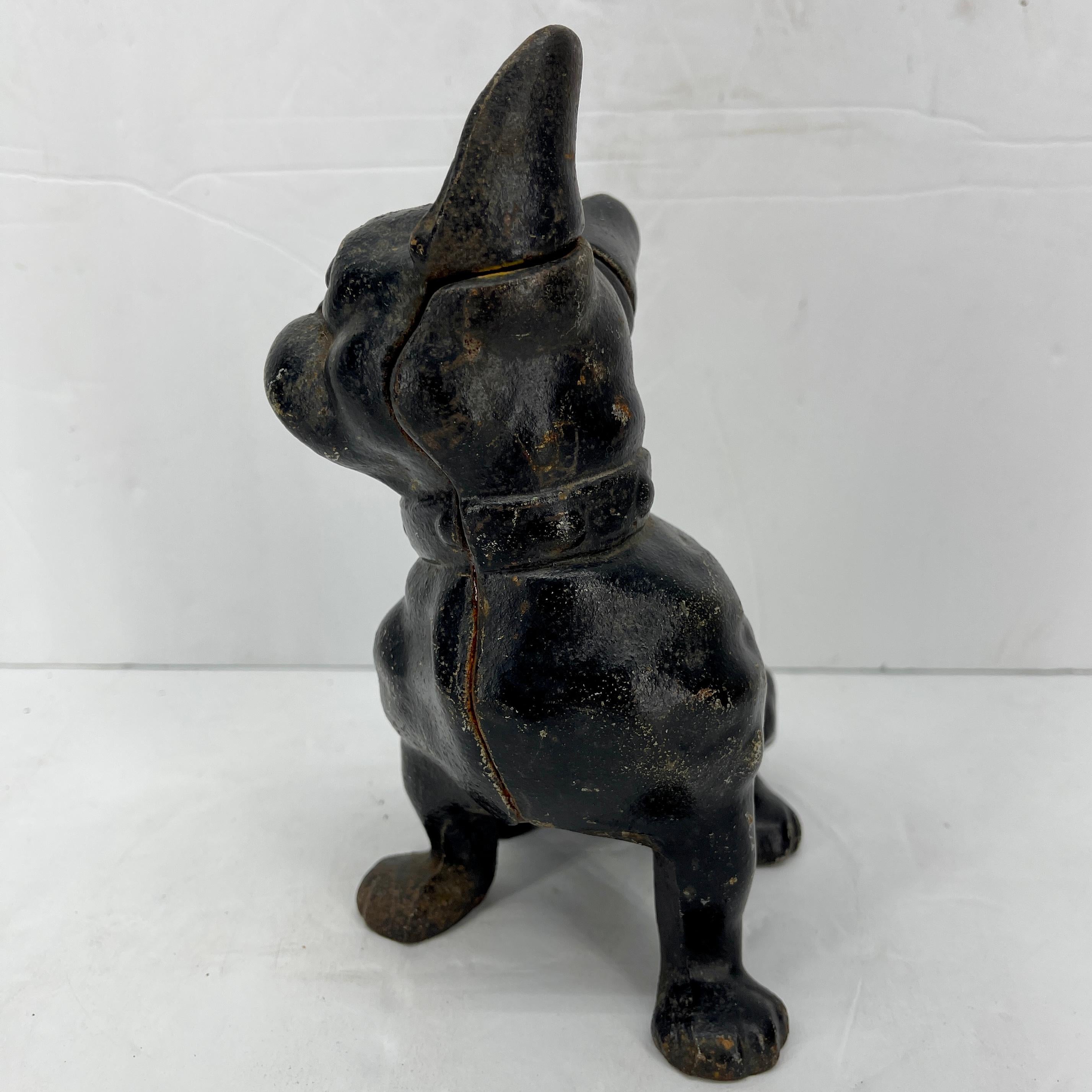 Early Black Cast Iron French Bulldog Statue Money Bank 2