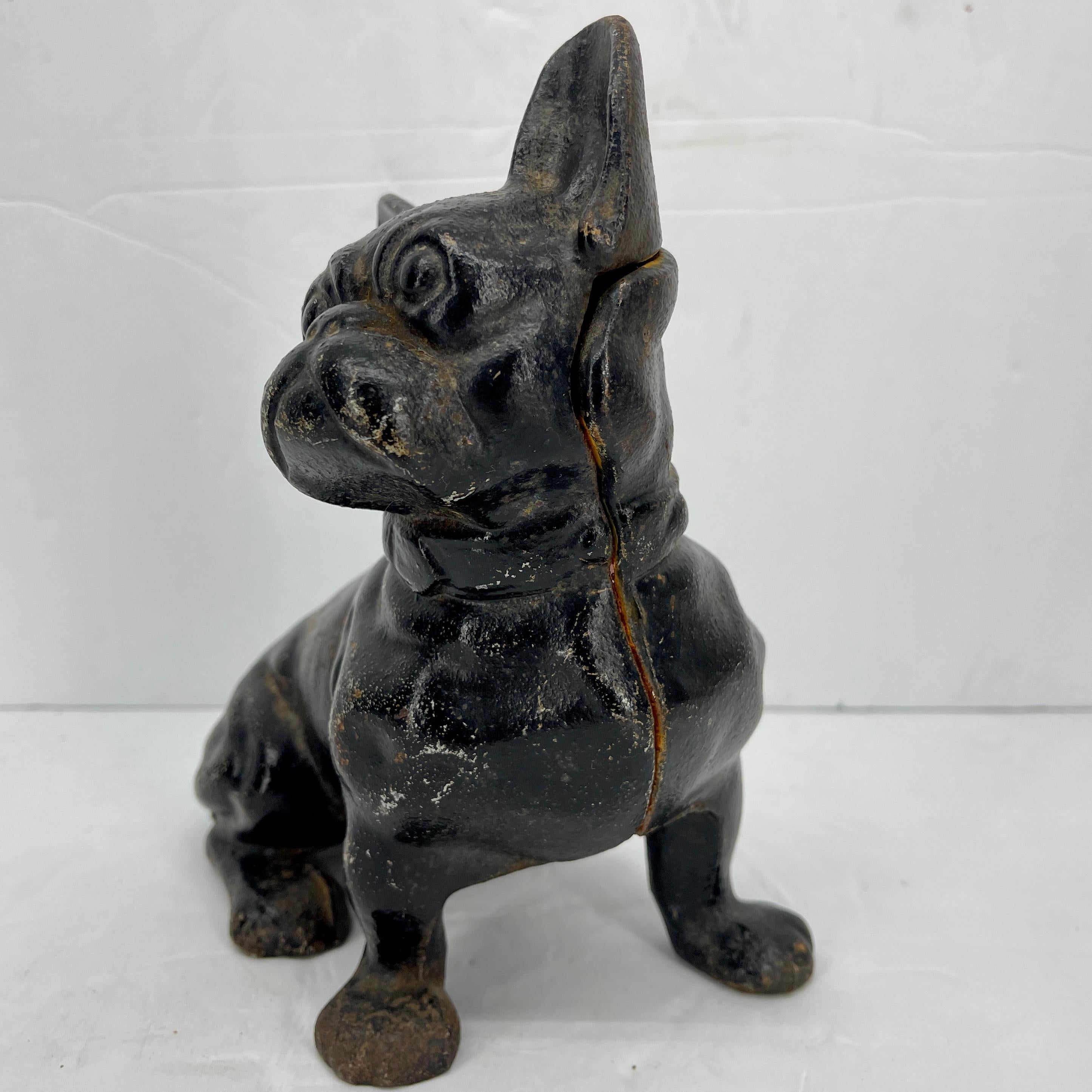 Early Black Cast Iron French Bulldog Statue Money Bank 3