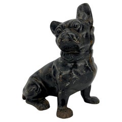 Early Black Cast Iron French Bulldog Statue Money Bank