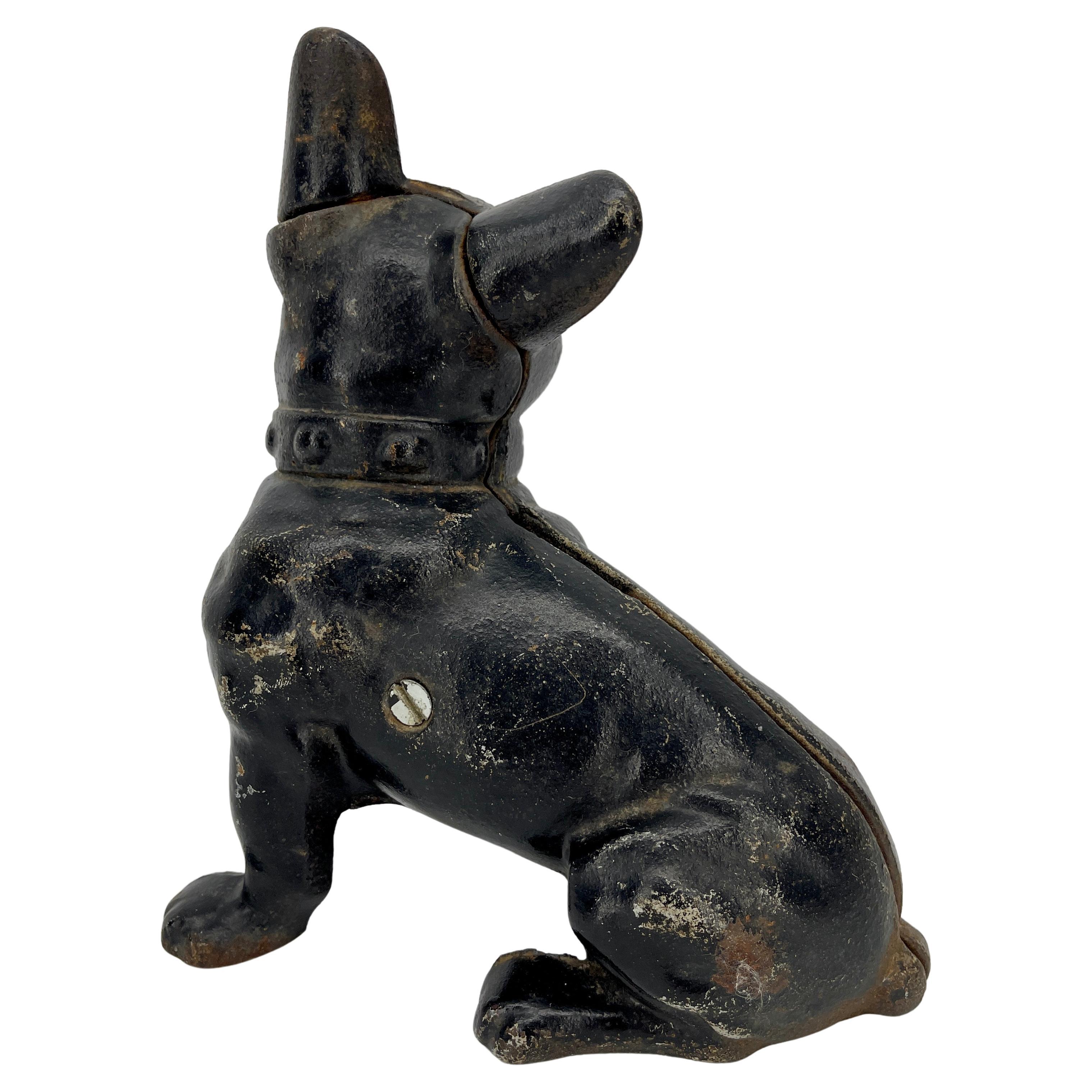 Industrial Early Black Cast Iron French Bulldog Statue Money Bank