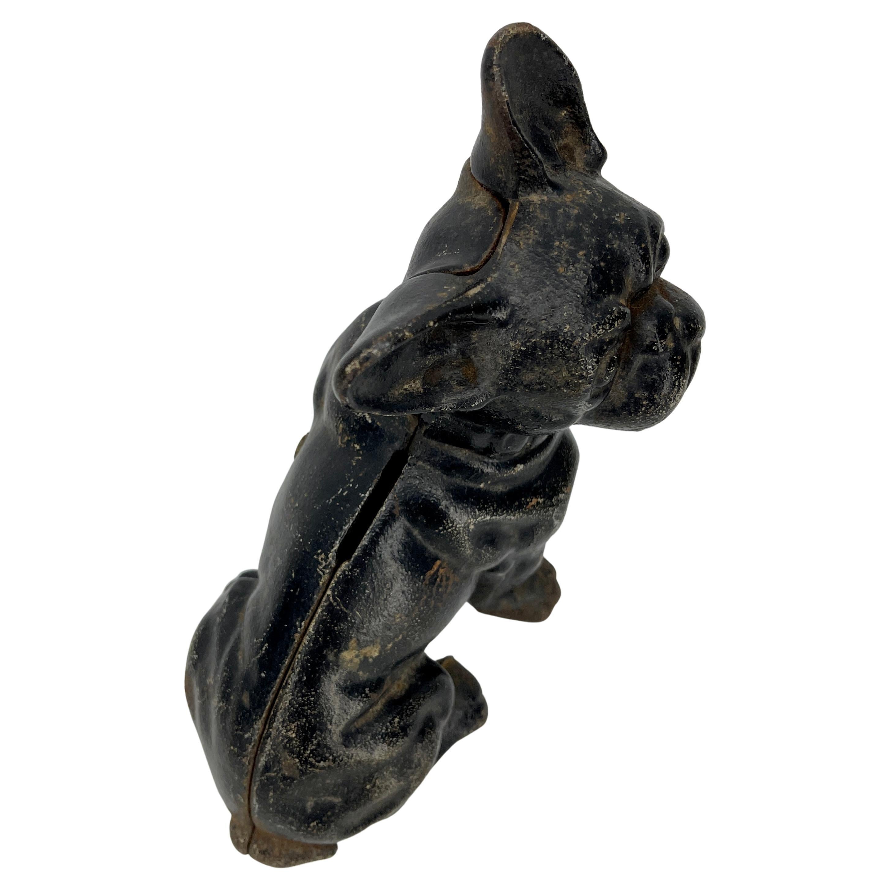 American Early Black Cast Iron French Bulldog Statue Money Bank