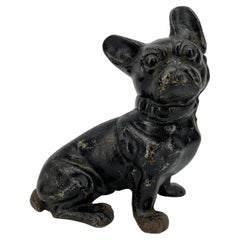Early Black Cast Iron French Bulldog Statue Money Bank