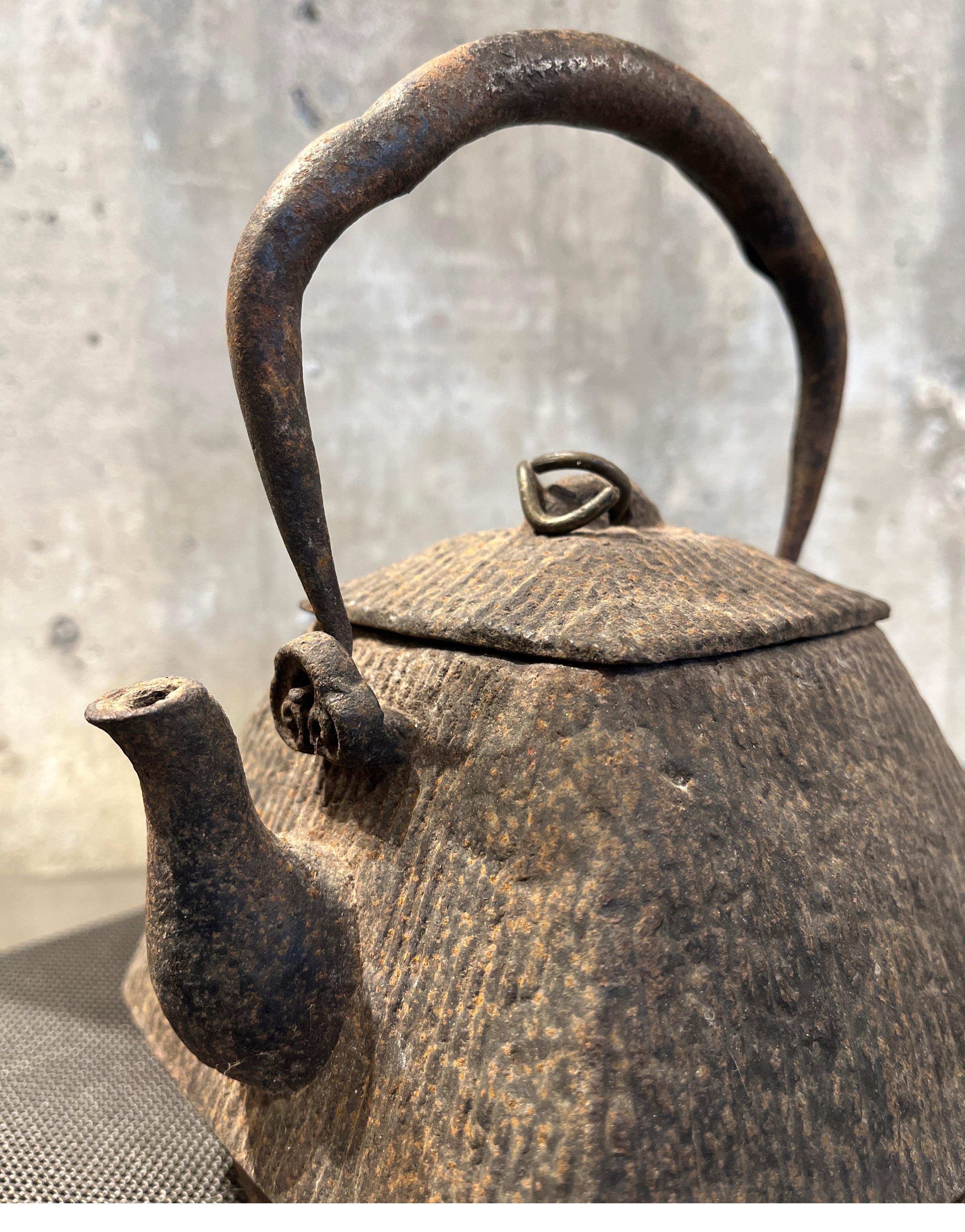 A beautifully shaped antique cast iron teapot from Japan.  This heavy  pot, with it's original,  decorative handle, exhibits an attractively rough texture and has a very strong presence.  It's shape, reminiscent of an old Japanese house or temple,
