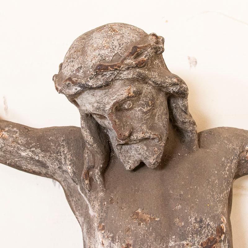 Antique Cast Iron Large Crucifix of Christ with Aged Gray Patina from France In Good Condition In Round Top, TX