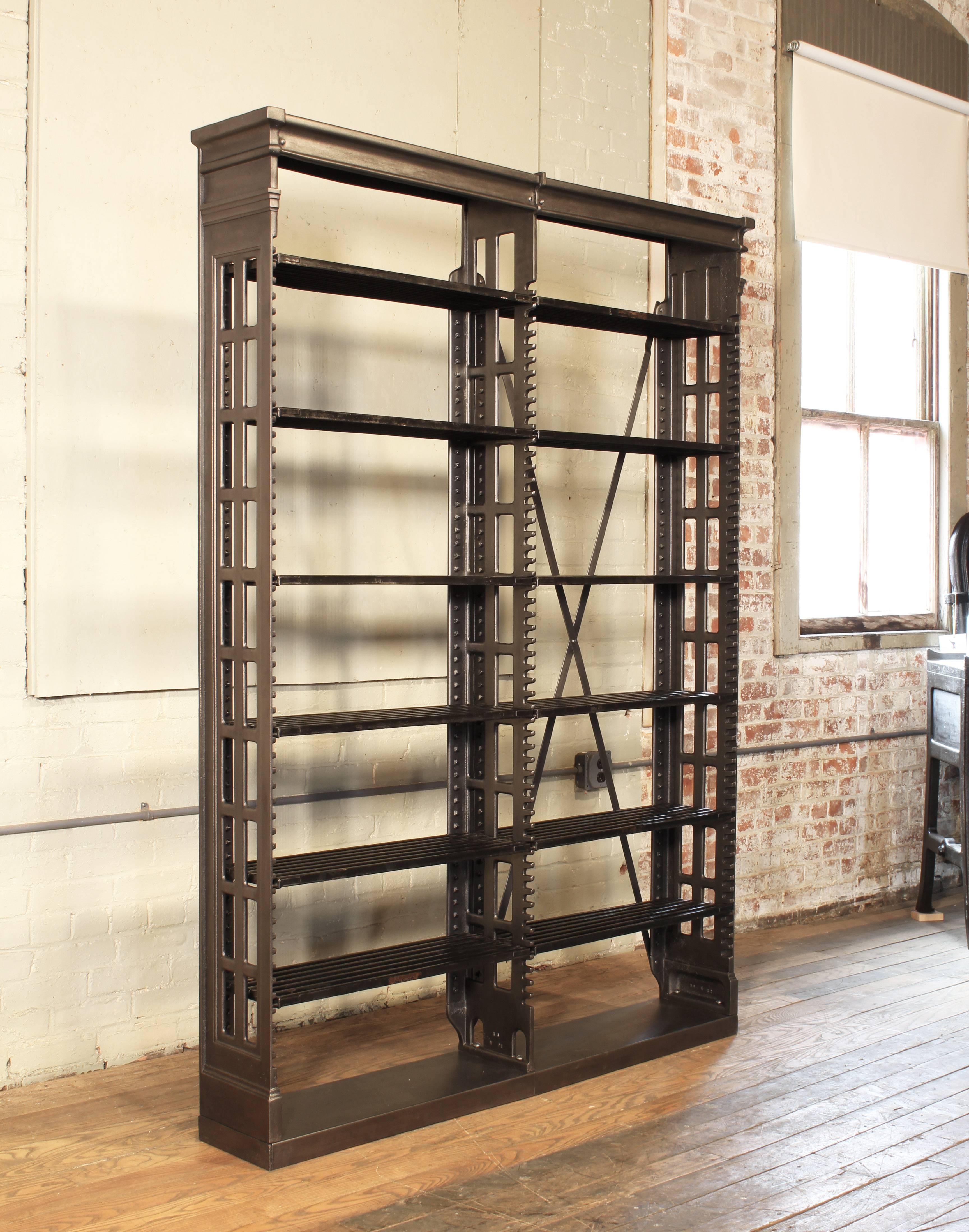 Antique cast iron and metal library bookshelf, bookcase, storage shelving. Rare end model. Overall dimensions measure 56 9/16