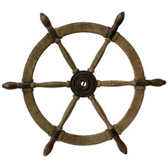 Antique Cast Iron, Oak and Braided Hemp Nautical Ships Wheel, circa 1910