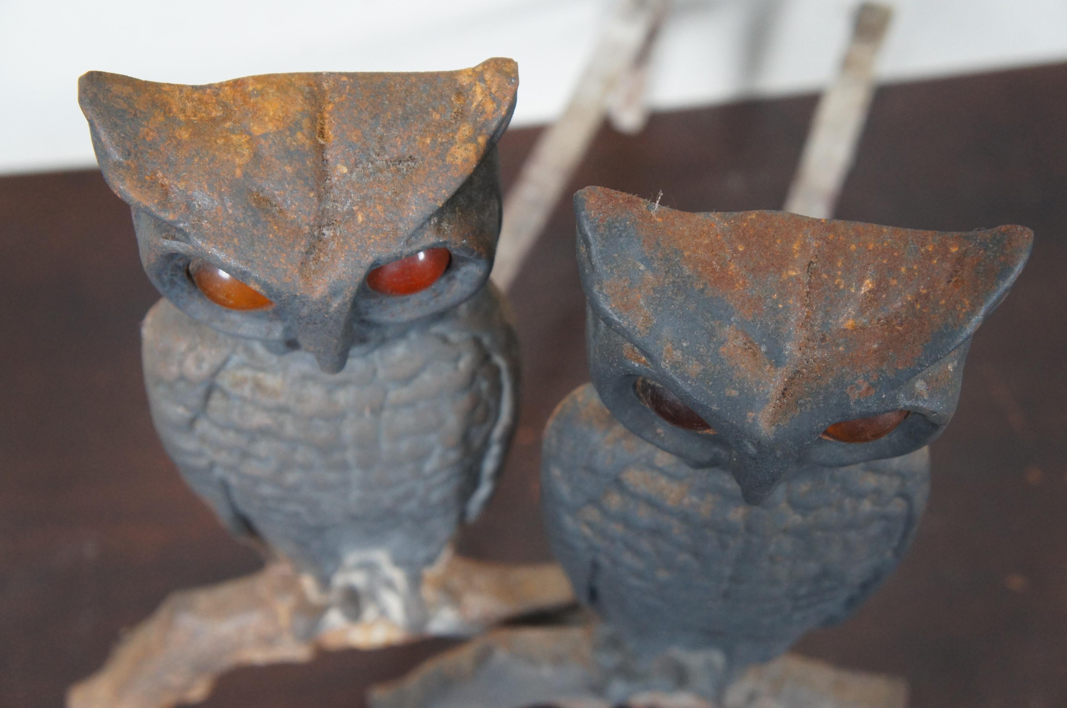 Antique Cast Iron Owl Fireplace Andirons Fire Dog Amber Glass Eyes Halloween 5