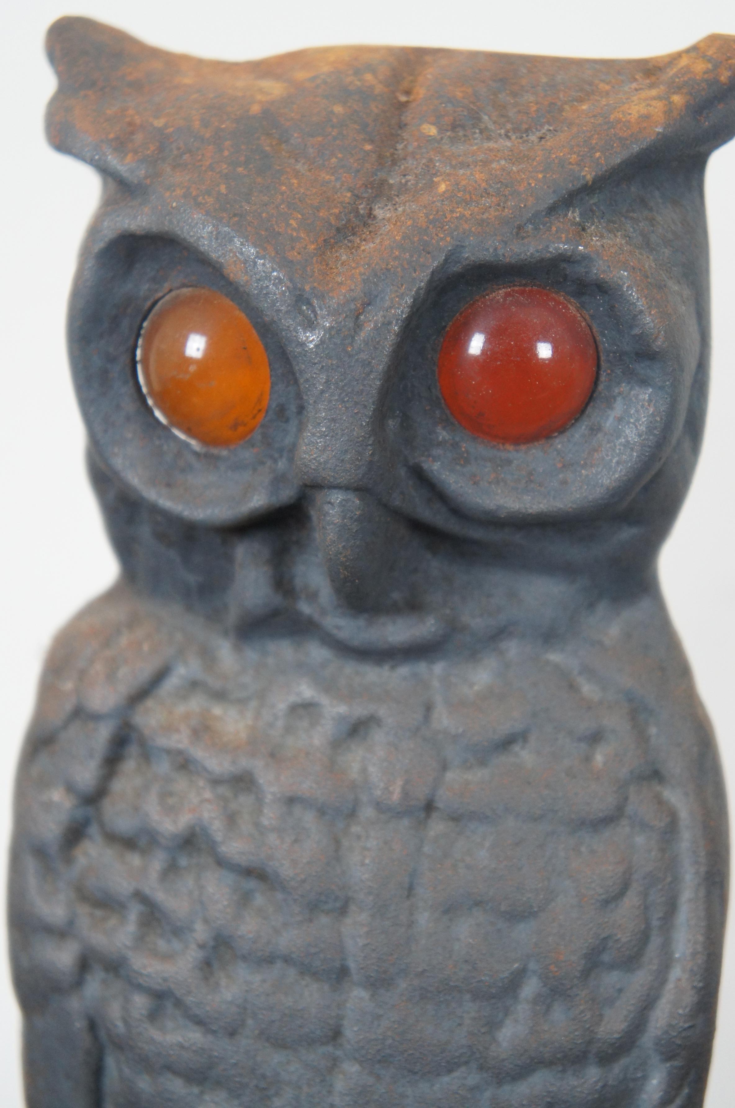 Antique Cast Iron Owl Fireplace Andirons Fire Dog Amber Glass Eyes Halloween 6