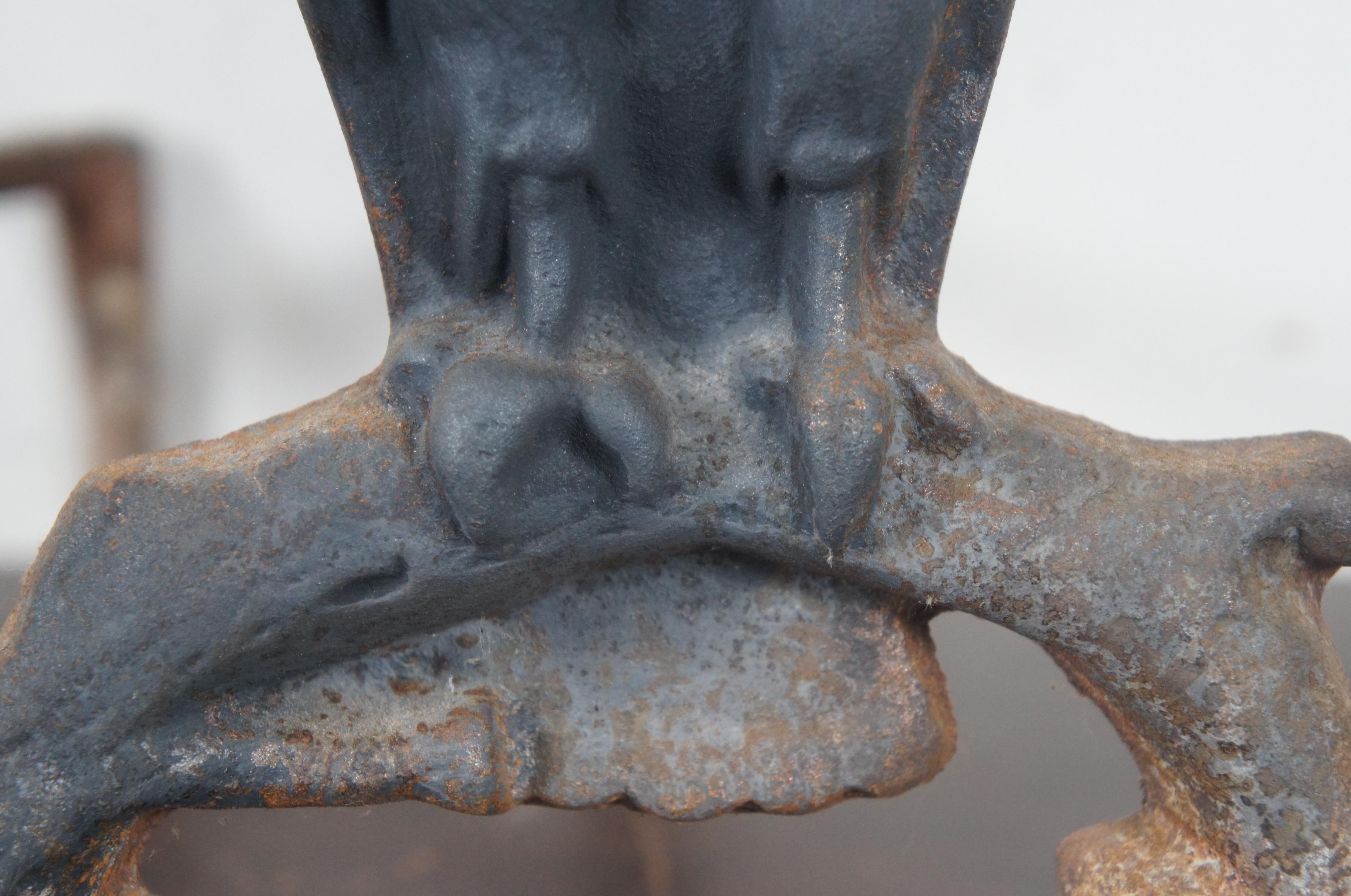 Antique Cast Iron Owl Fireplace Andirons Fire Dog Amber Glass Eyes Halloween 7