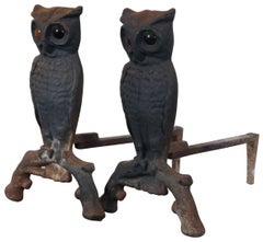 Antique Cast Iron Owl Fireplace Andirons Fire Dog Amber Glass Eyes Halloween