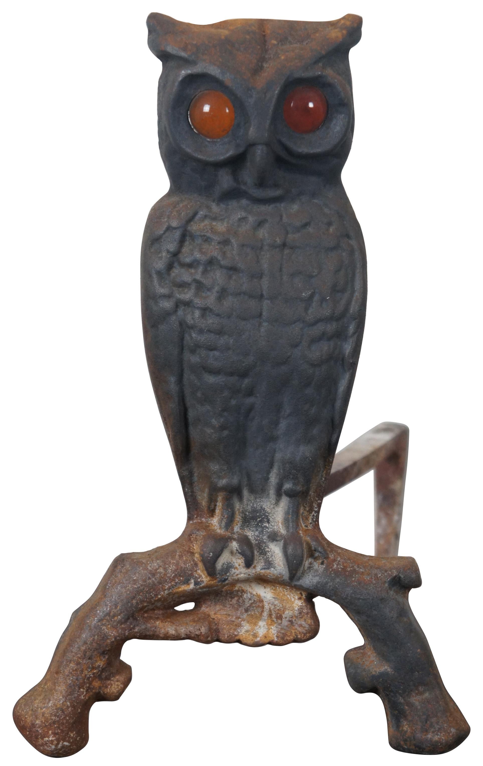 Victorian Antique Cast Iron Owl Fireplace Andirons Fire Dog Amber Glass Eyes Halloween