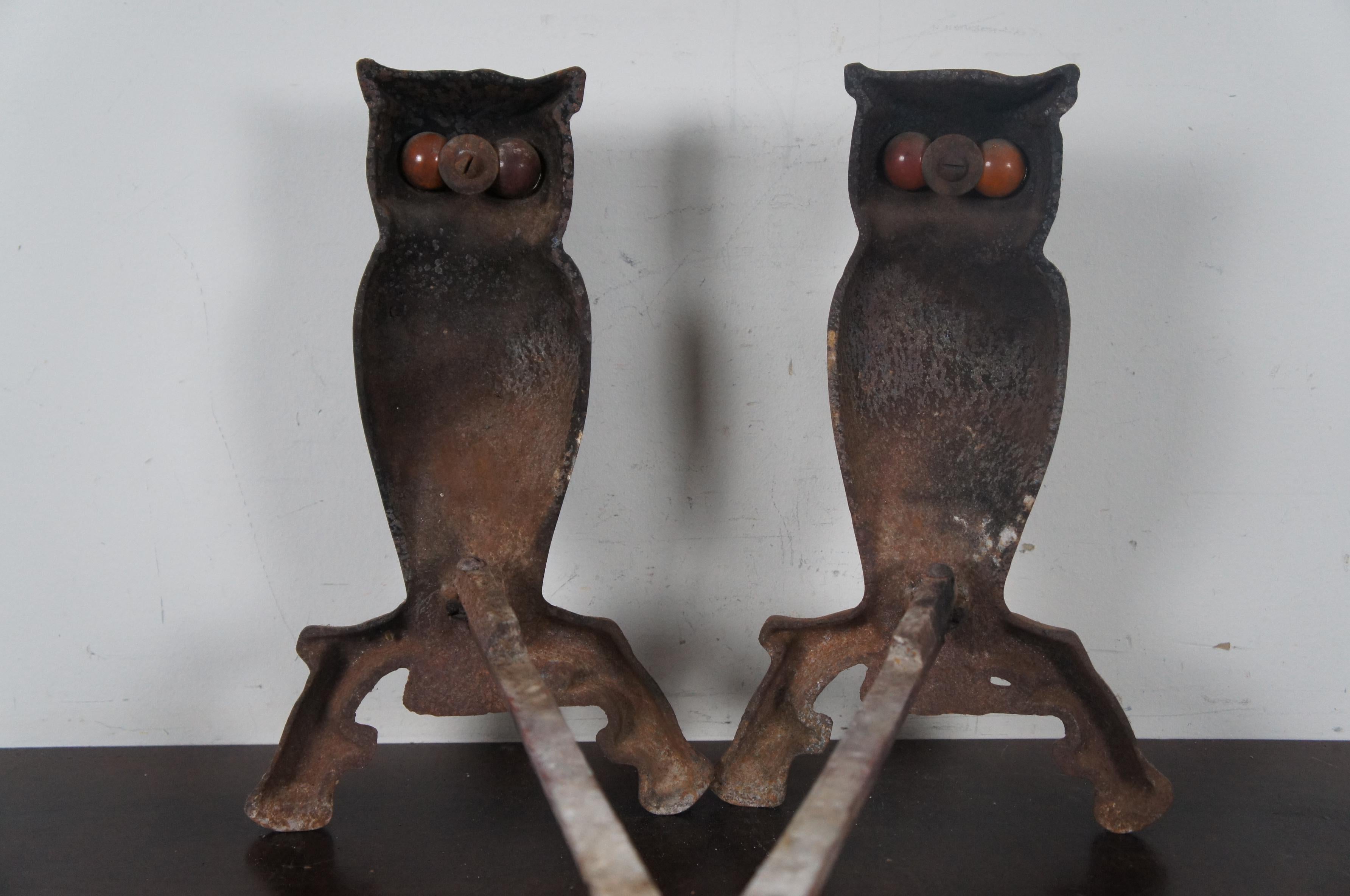 Antique Cast Iron Owl Fireplace Andirons Fire Dog Amber Glass Eyes Halloween 1