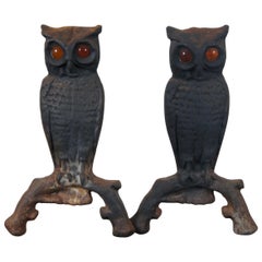 Antique Cast Iron Owl Fireplace Andirons Fire Dog Amber Glass Eyes Halloween