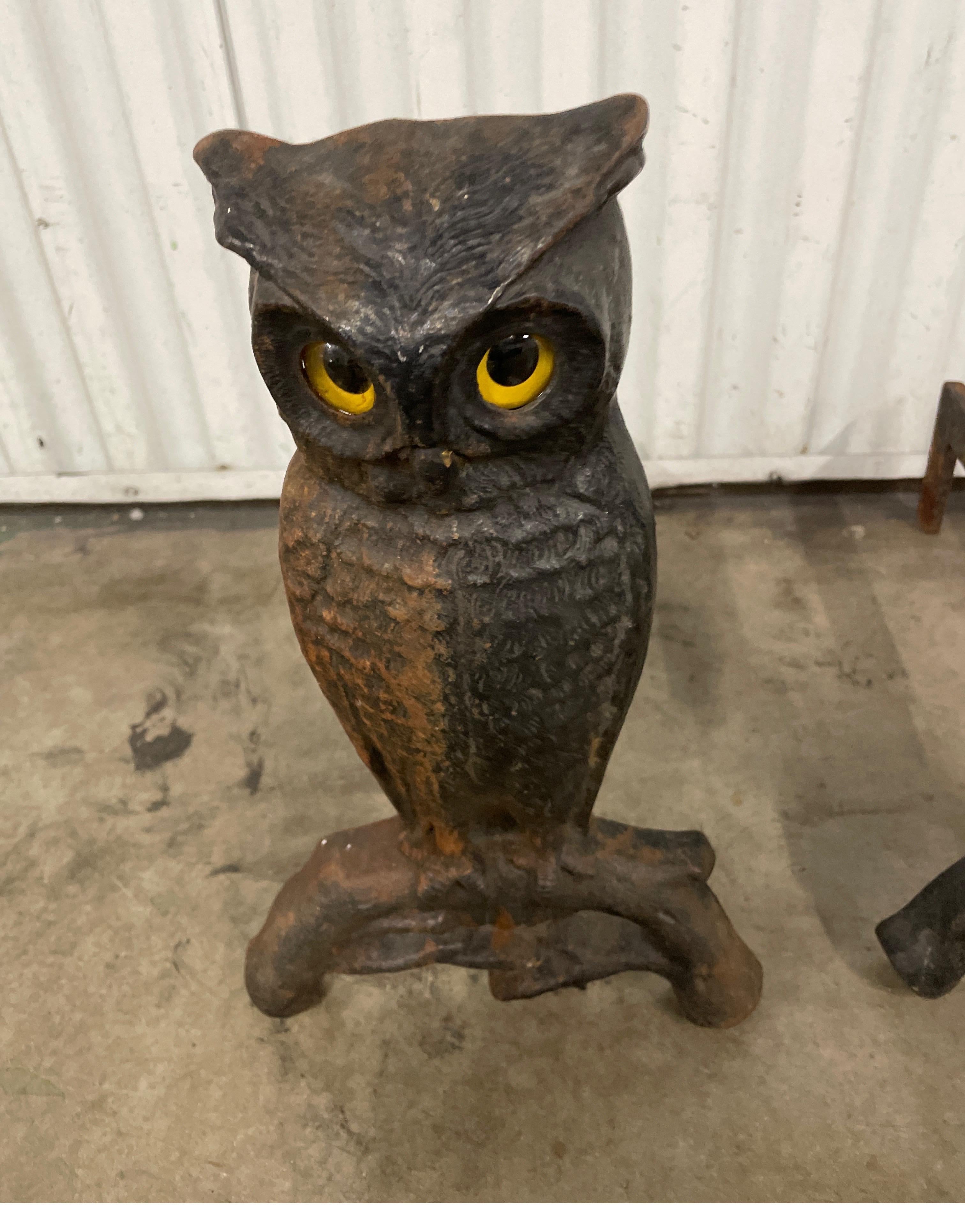 Very unique antique pair of cast iron andirons in the form of an owl with glass eyes. They are sitting on a perch. Original patina as acquired.