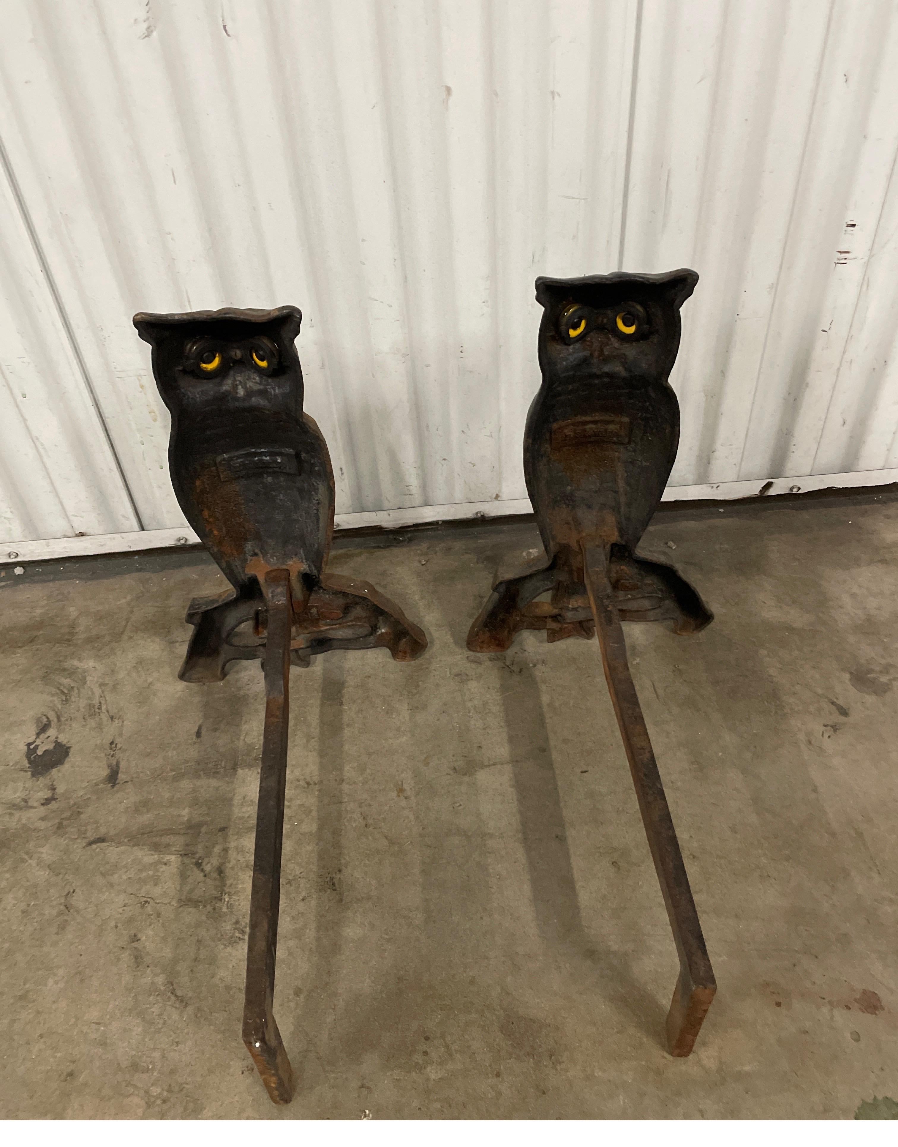 Antique Cast Iron Owl Fireplace Andirons In Good Condition For Sale In West Palm Beach, FL