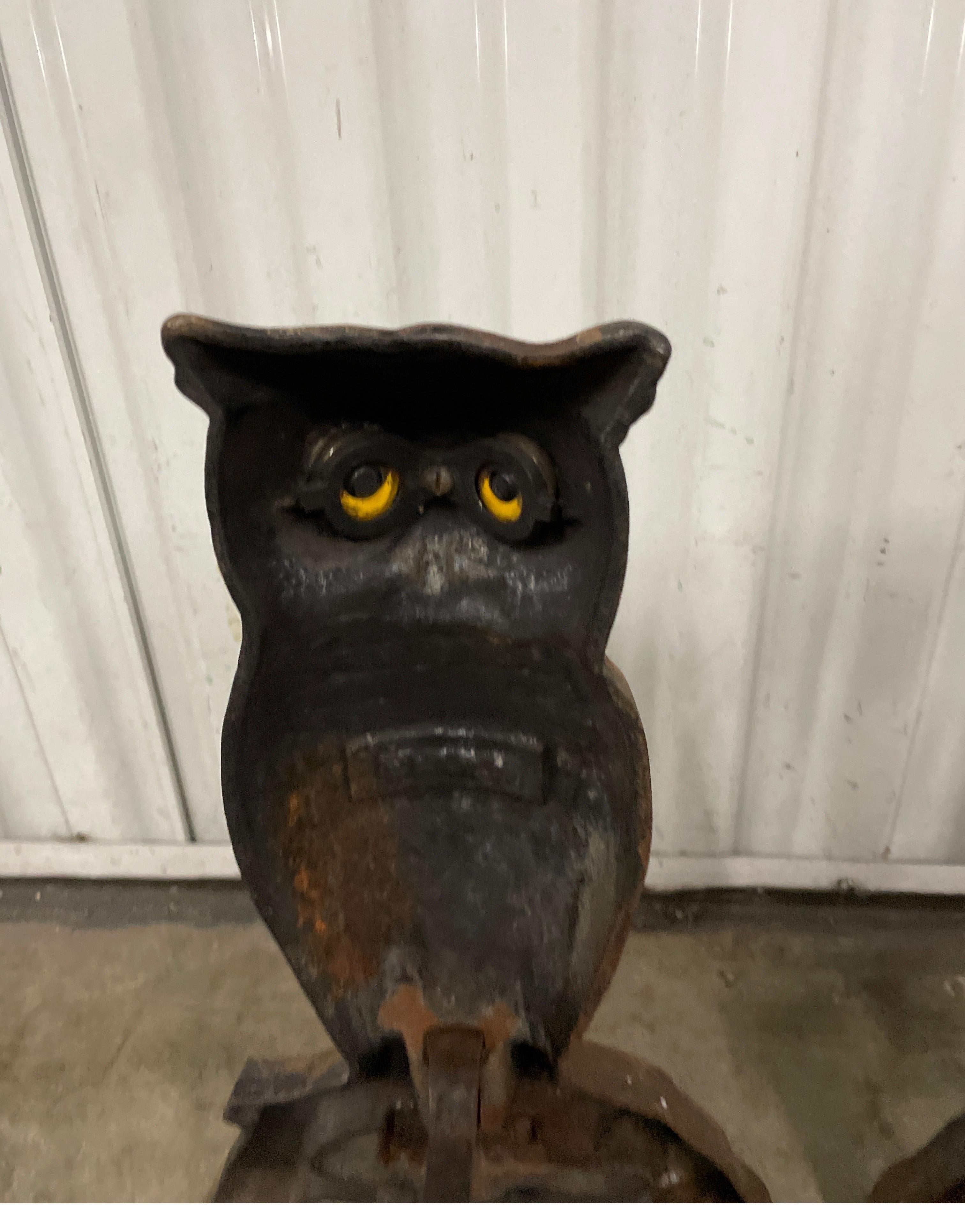 20th Century Antique Cast Iron Owl Fireplace Andirons For Sale