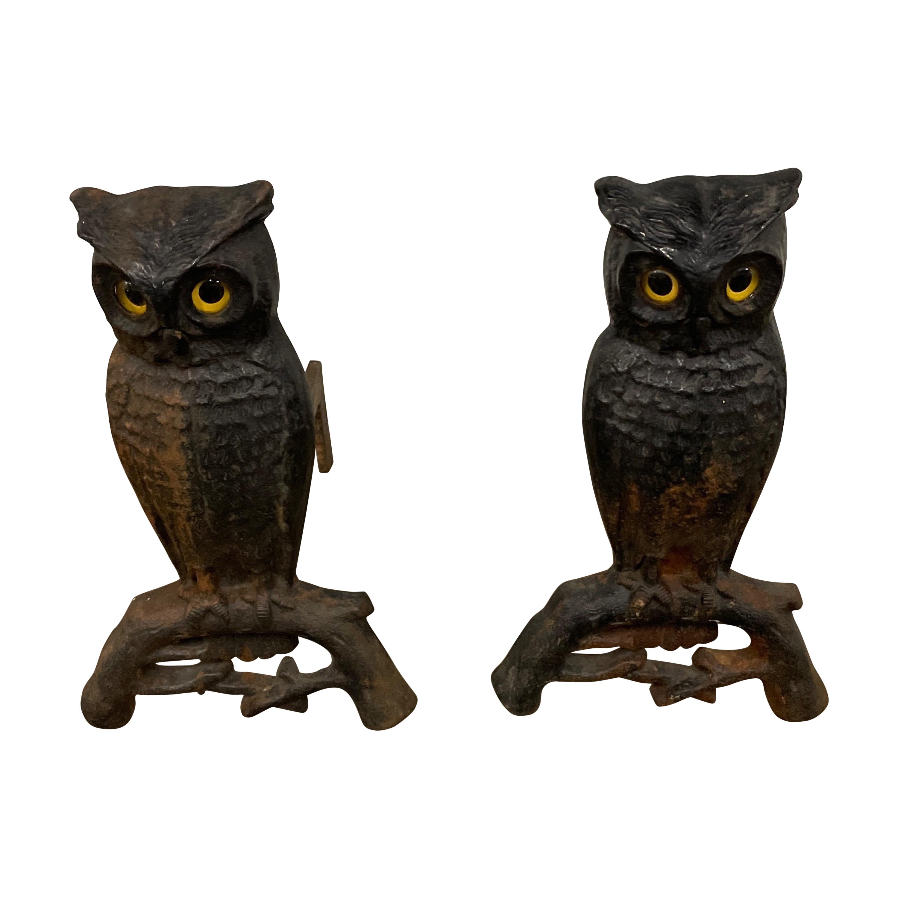 Antique Cast Iron Owl Fireplace Andirons