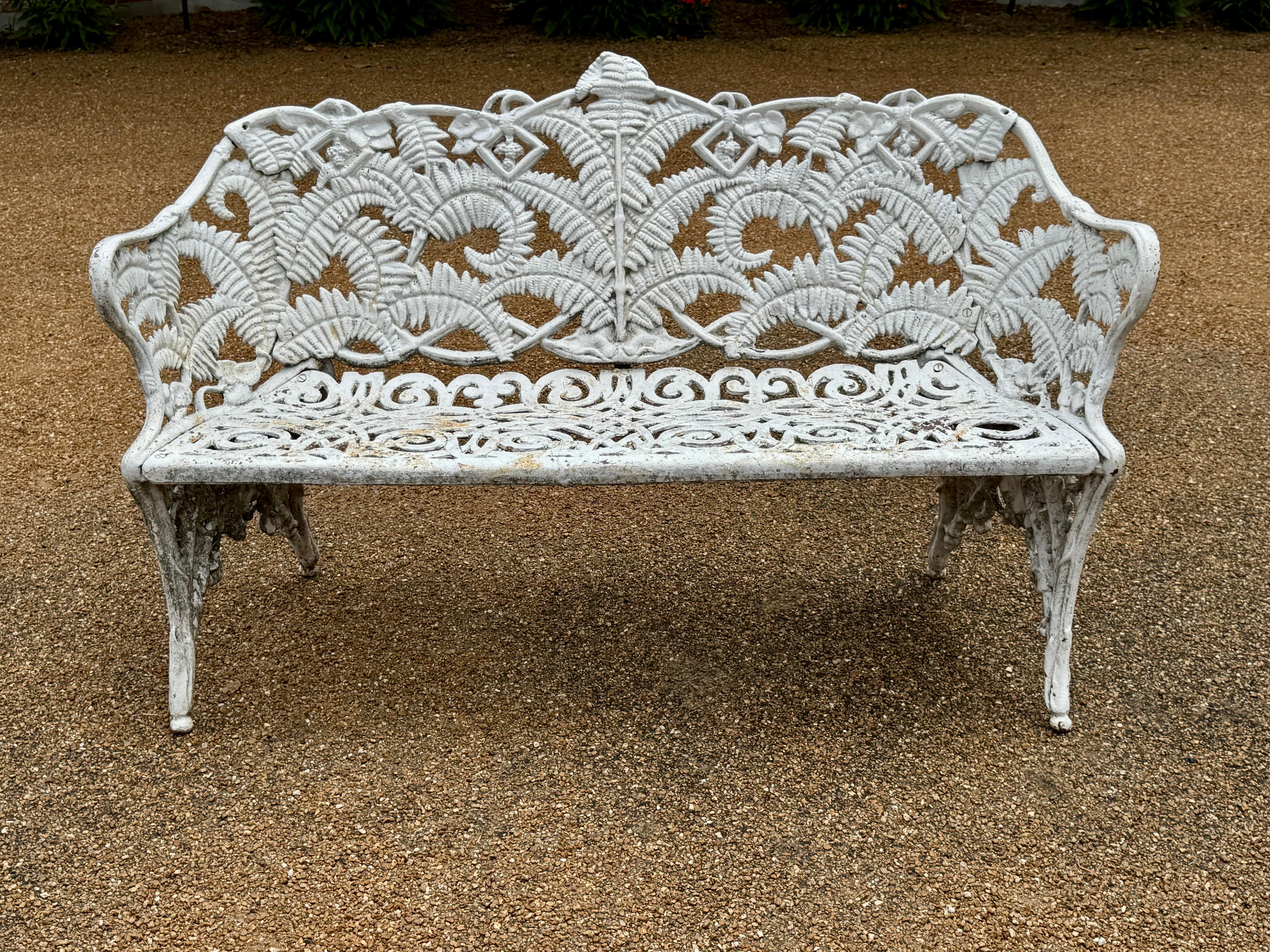 Antique Cast Iron - Painted White Fern & Blackberry Pattern Garden Bench-Settee For Sale 5