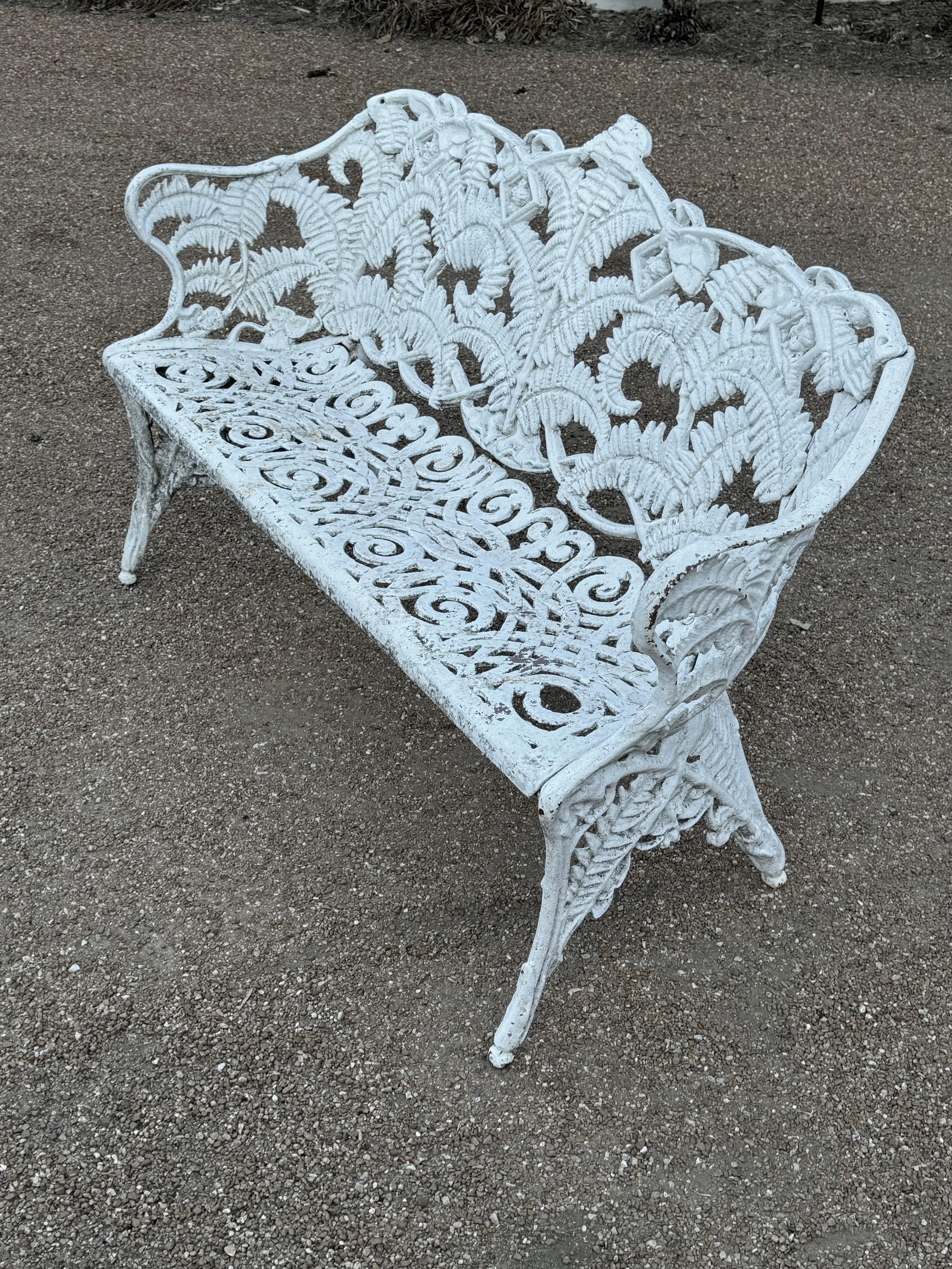 Antique Cast Iron - Painted White Fern & Blackberry Pattern Garden Bench-Settee For Sale 6