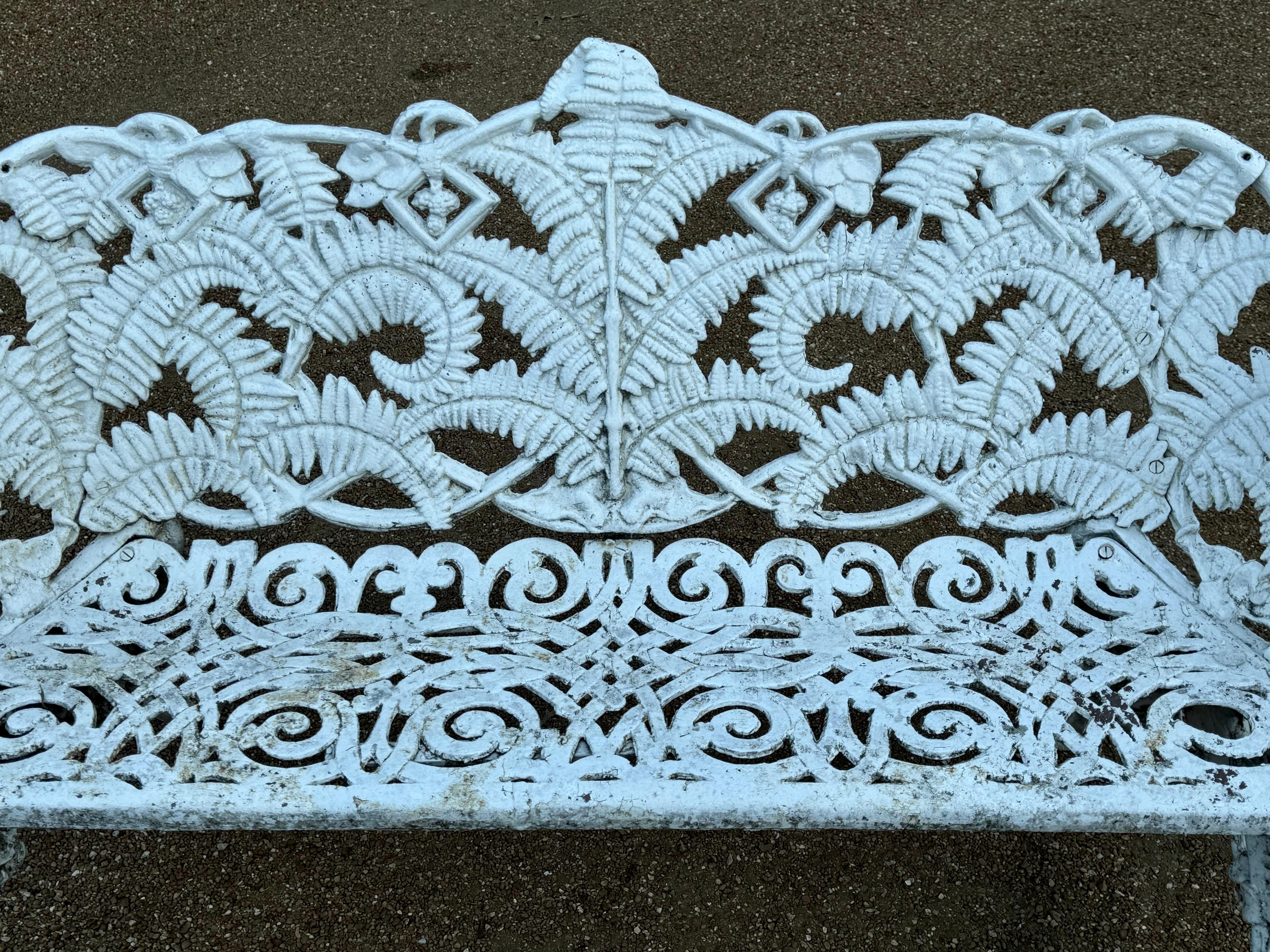 Antique Cast Iron - Painted White Fern & Blackberry Pattern Garden Bench-Settee For Sale 7
