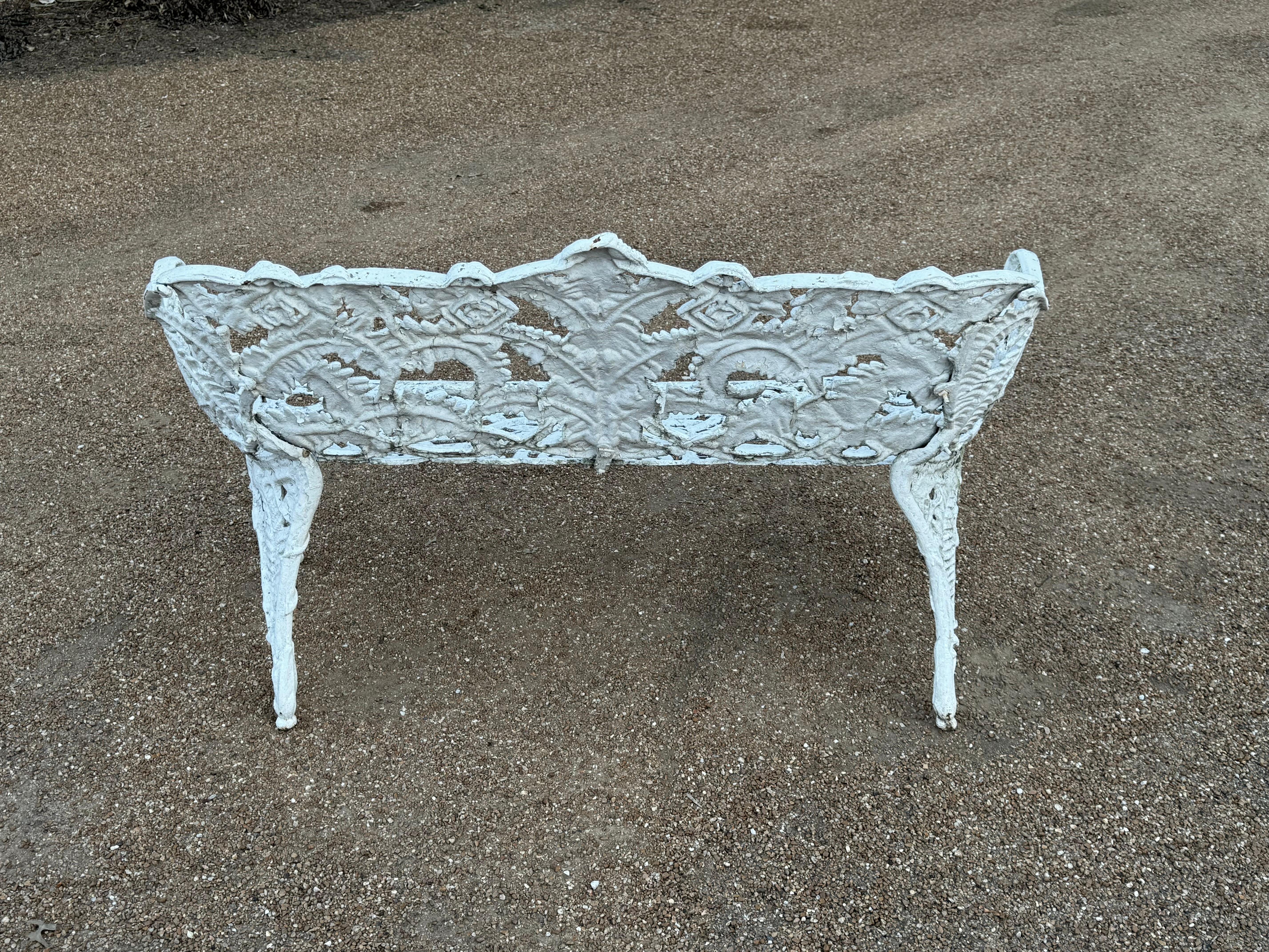 Antique Cast Iron - Painted White Fern & Blackberry Pattern Garden Bench-Settee For Sale 9